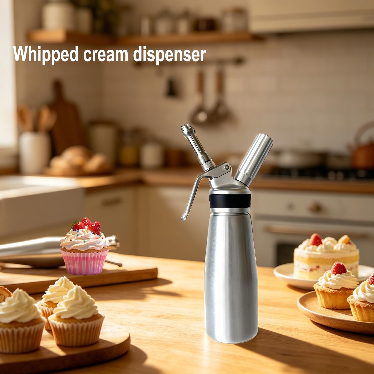 Professional aluminum alloy whip cream Dispenser 500ml / 1 Pint, Includes 3 Decorating Nozzles&Cleaning Brush-Ideal for Coffee,Cake,Dessert.(N₂O Chargers Not Included)