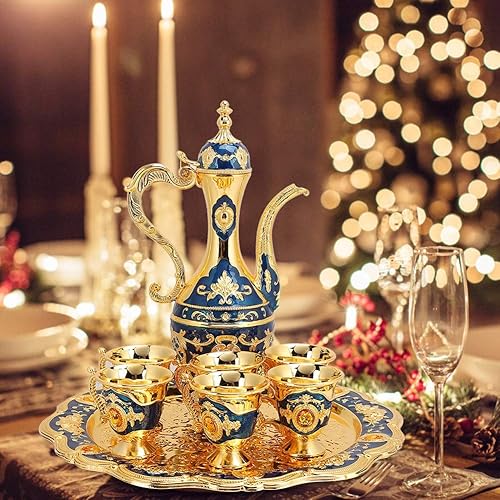Miniatura 2 de Juego de cafetera turca de metal con 6 tazas de café de lujo y bandeja de té artesanal, juego de teteras para el hogar, manualidades para el té,