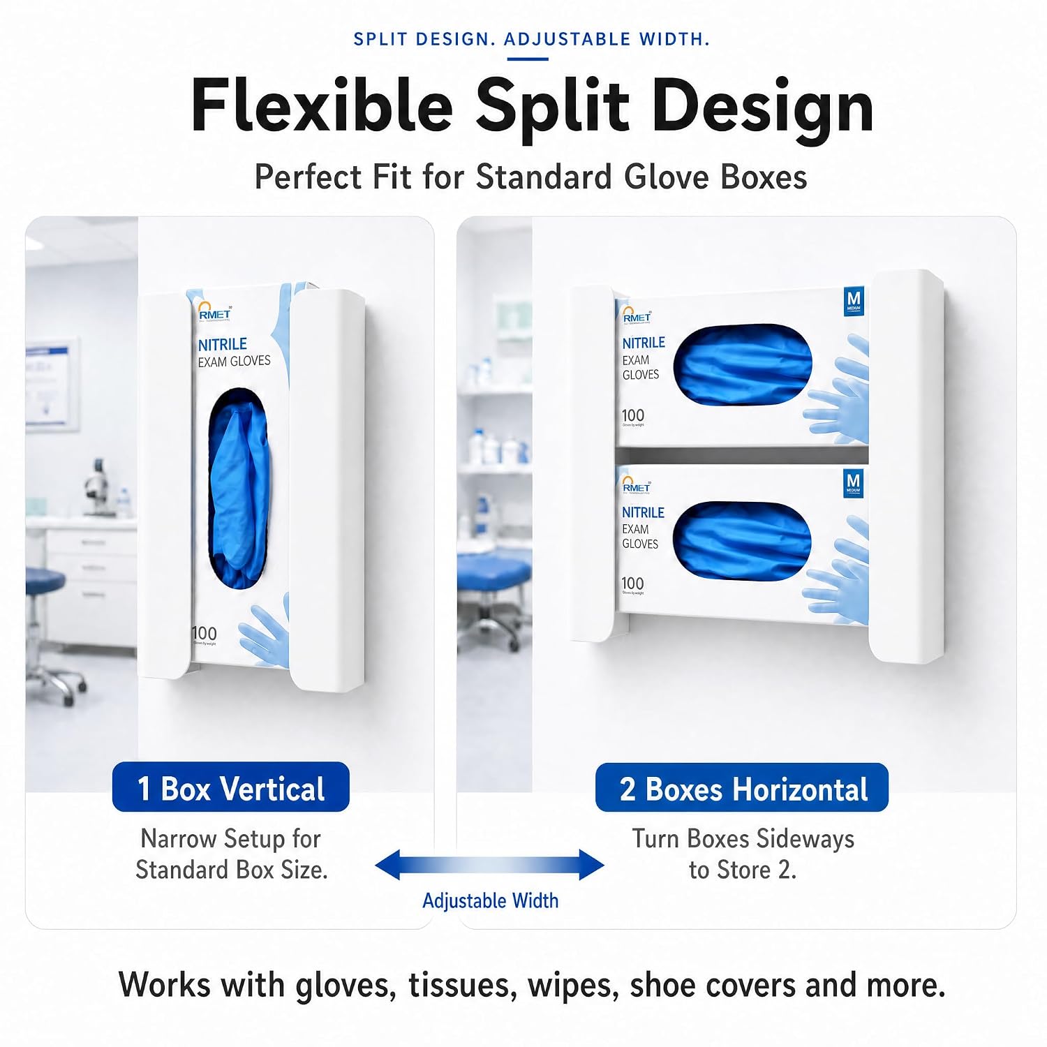 Adjustable Metal Glove Box Dispenser, Wall Mount, Magnetic or Screw Install, Fits 1 or 2 Boxes, Vertical or Horizontal (White)