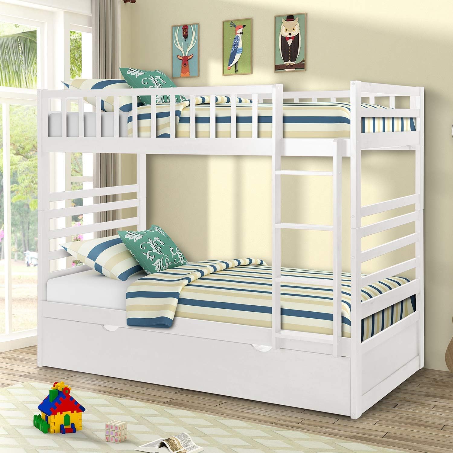 Full Bed Frame, Twin Bedstock with Ladder || Guardrail || Two Storage Drawers, Perfect for Adults Children Teenagers, Double, Bunk-oak