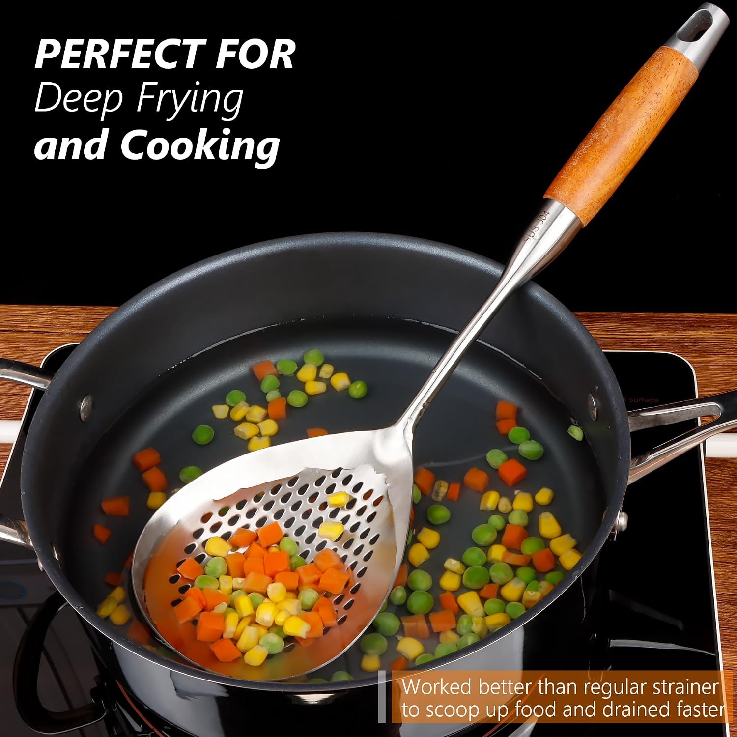Skimmer Slotted Spoon, 304 Stainless Steel Spider Strainer Skimmer Ladle Spoon for Cooking and Frying, Pasta Strainer Spoon for Draining, 4.3 Inch