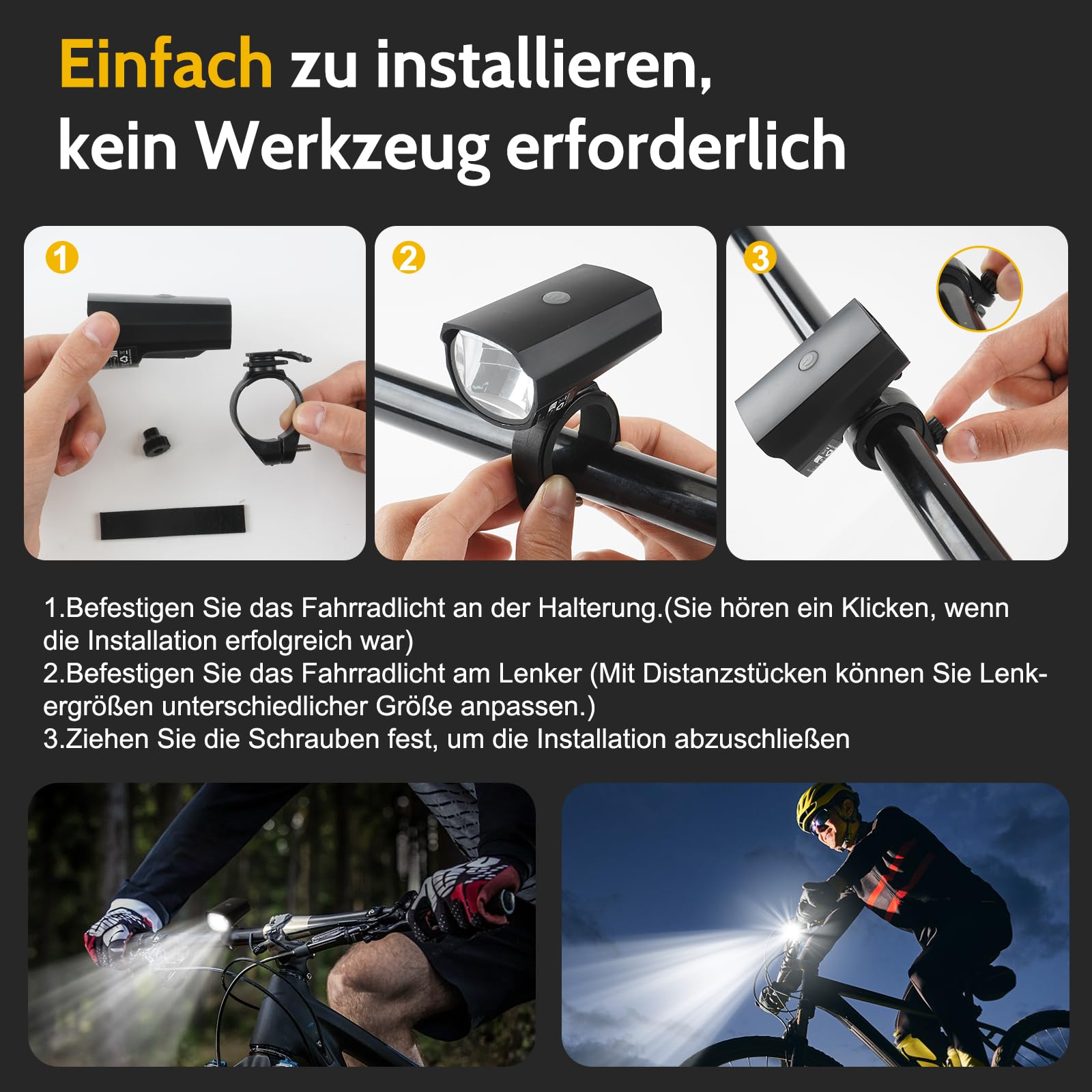 Realky LED Fahrradlicht Vorne, 50 LUX, Fahrradlicht USB Aufladbar mit 1200mAh Akku, IPX5 Wasserdicht Fahrradlampe Vorne, StVzo Zugelassen Fahrradbeleuchtung Sport & Freizeit