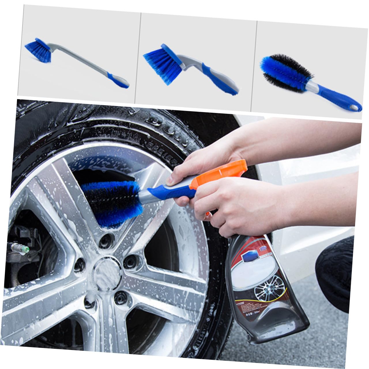 SOLUSTRE Felgenreinigungsbürste 3 Stück aus PVC und Pp Blau | Auto und Lkw, 1 Kurzer Felgenpinsel 1 Reifenbürste 1 Langer Bürstenkopf