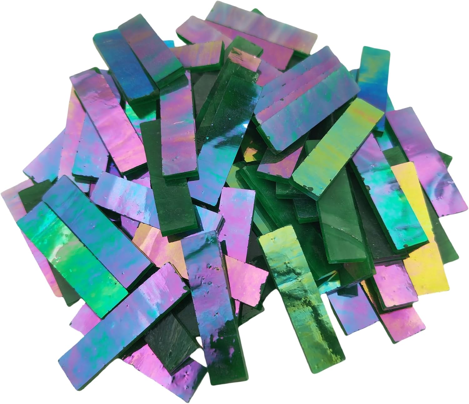 1.57" x 0.4" Rectangular Iridescent Stained Glass Strip, 7oz Glass Mosaic Tiles for DIY Crafts,Plates,Picture Frames,Flower Pots,Handmade Jewelry and More Mosaic Decorative (Iridescent White)