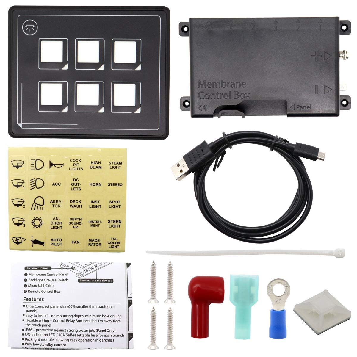 12v 24v 6 broches Film Panneau de commutation à écran tactile LED intégré PPTC avec câble USB et boîtier de commande à membrane IP66 pour caravane de camion de voiture RV Yacht Bateau