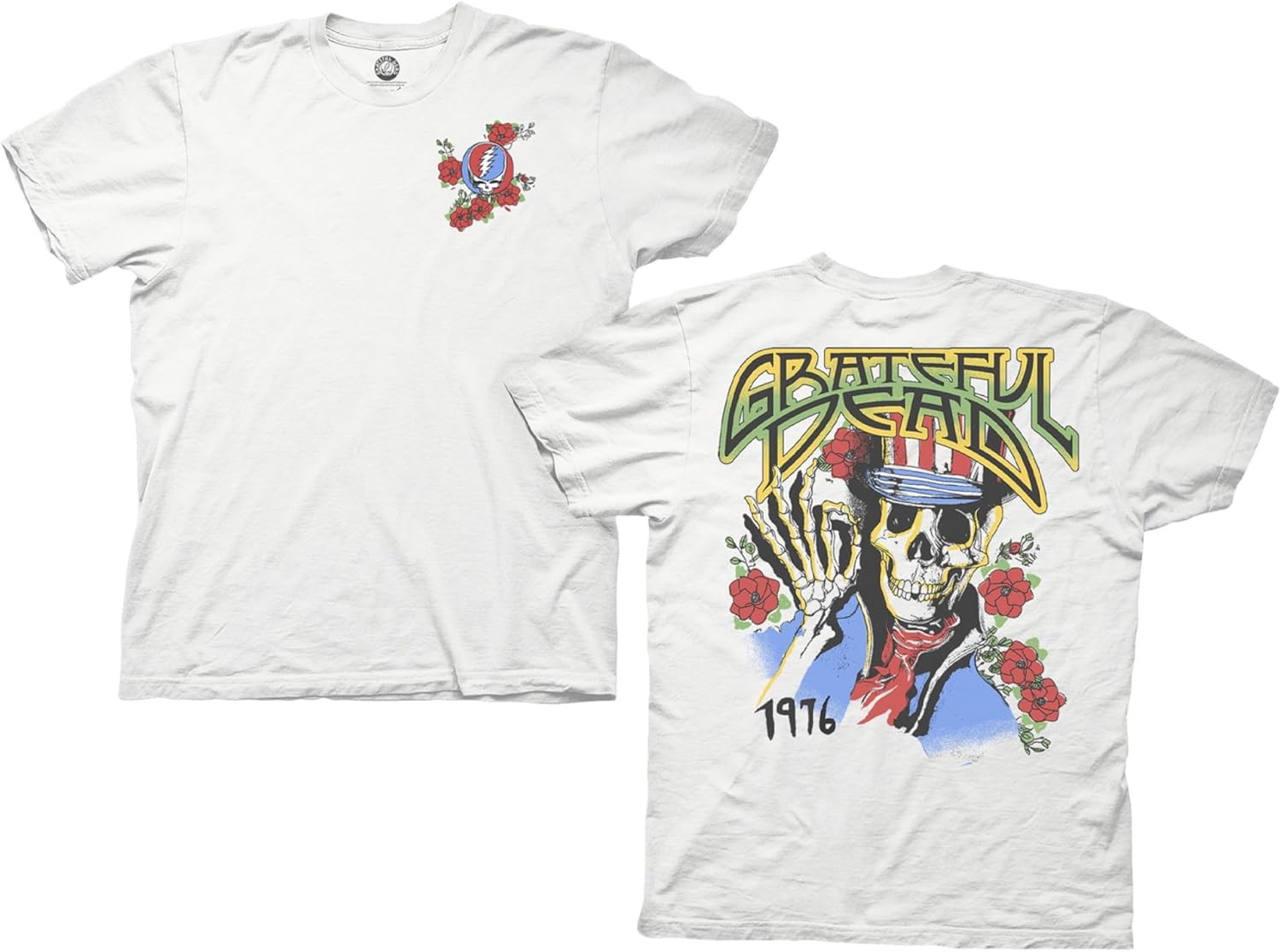 Ripple Junction Grateful Dead Men's Short Sleeve T-Shirt Patriotic Skeleton w/Top Hat 1976 Front & Back Officially Licensed