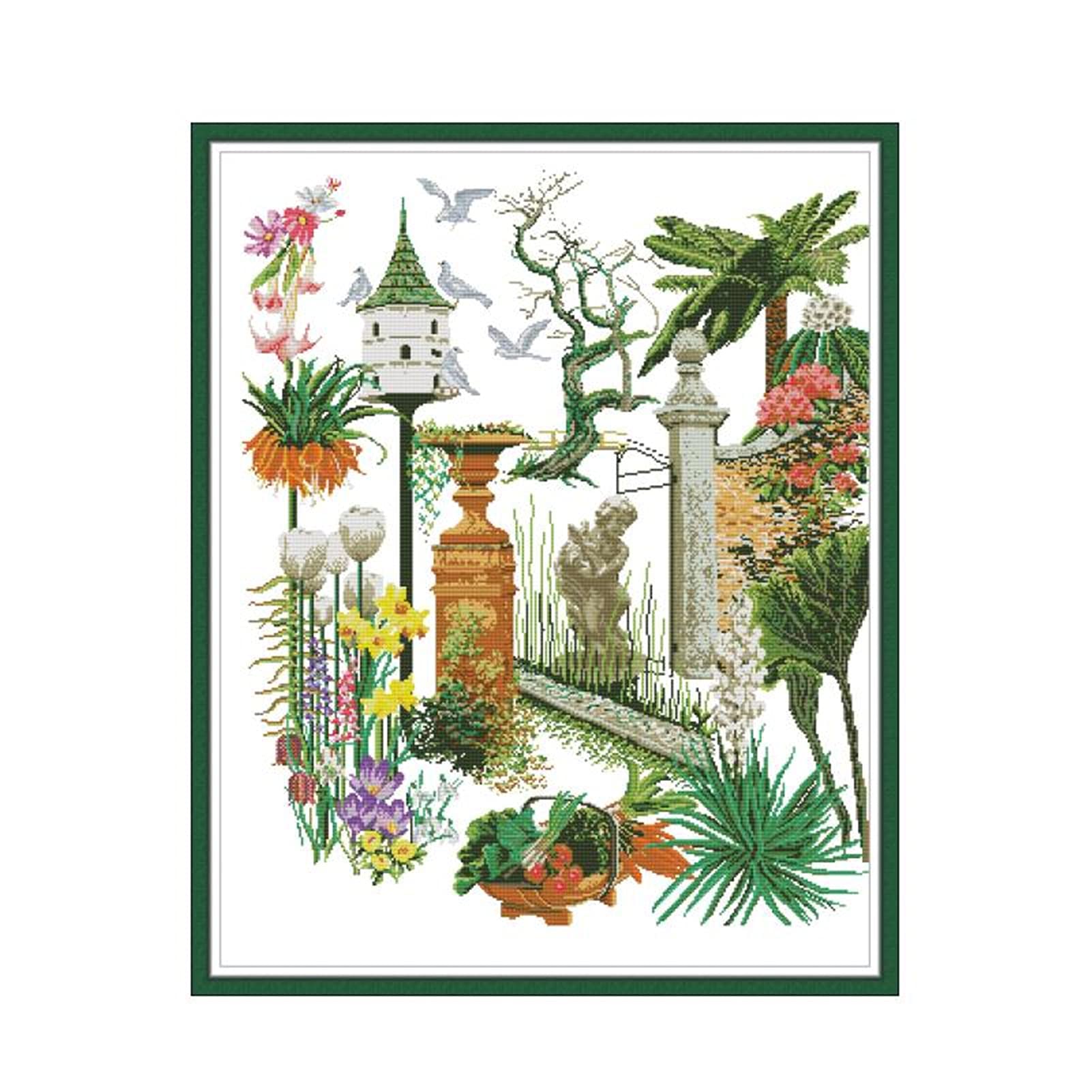 YEESAM ART Zestawy do haftu krzyżykowego stemplowane dla dorosłych początkujących dzieci, piękny ogród krajobraz 11 ct 81 × 99 cm DIY zestaw do haftowania robótek ręcznych ze wzorami igłówek Boże Narodzenie (ogrod)