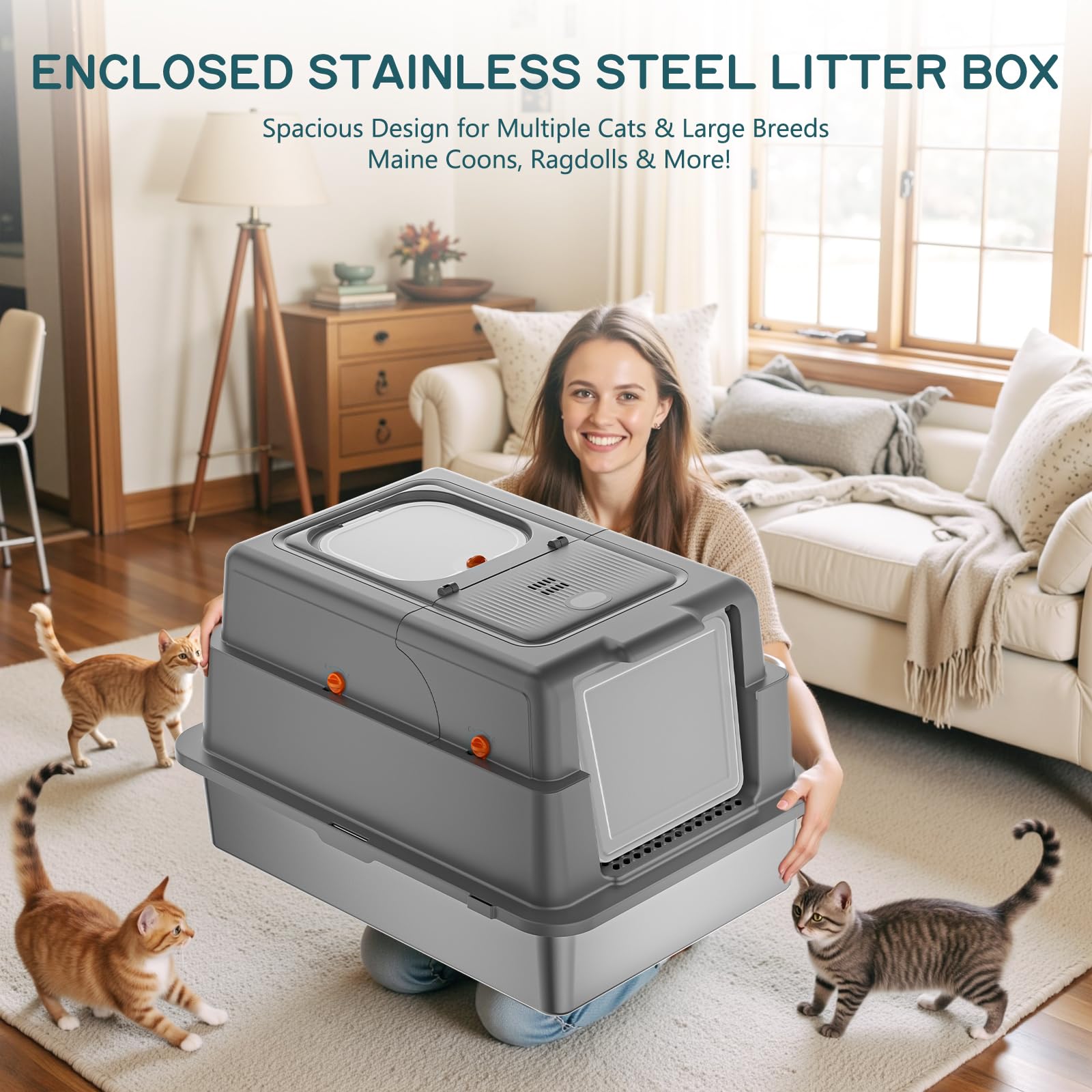 Stainless Steel Litter Box with Lid, 28" XXXL Large Cat Litter Box Enclosed for Multiple Cats, Odor Control with Carbon Filters, Anti-Leak High Sided, Includes Removable Lid & Scoop, Dark Gray - image 7