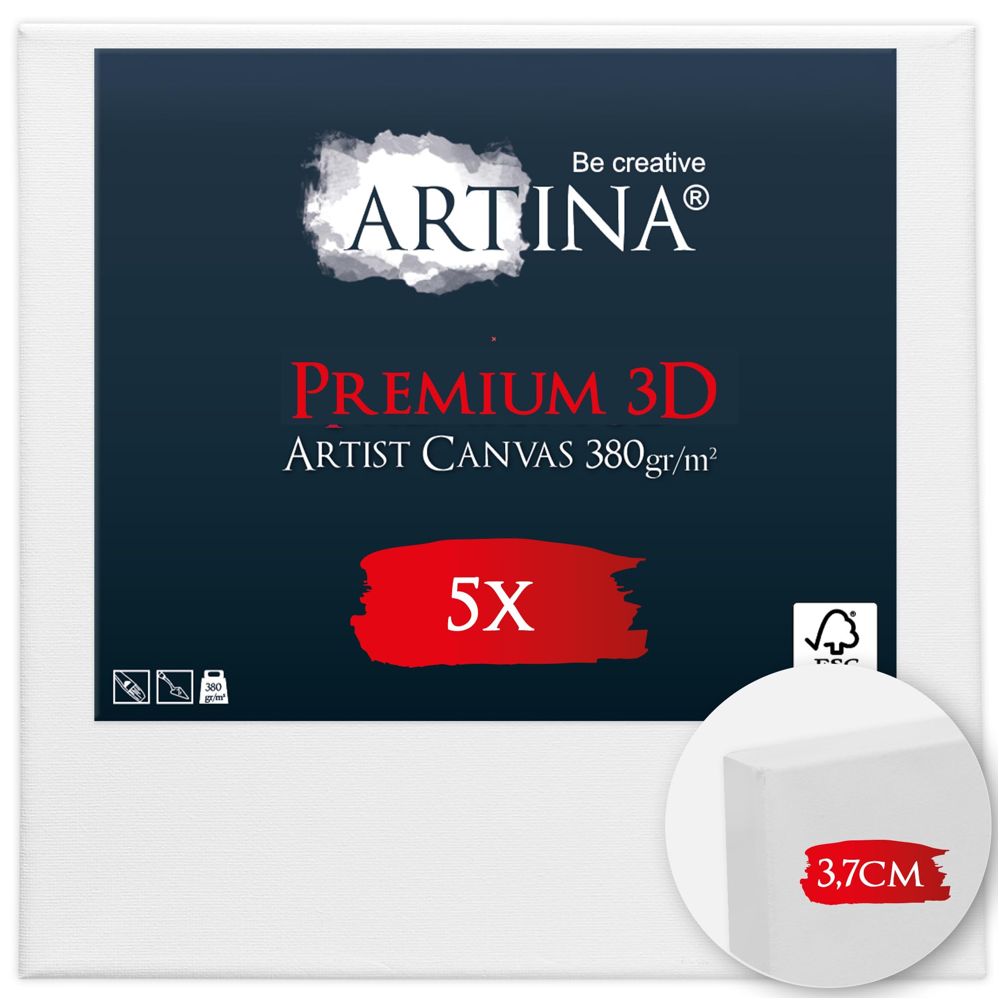 Artina 5er Set 3D Leinwand bespannt auf stabilem FSC® Keilrahmen Baumwolle | 90x90cm weiß 3-fach vorgrundiert 100% Baumwolle Künstlerbedarf Qualität verzugsfrei Leinwände Bemalen Malen 3D Premium