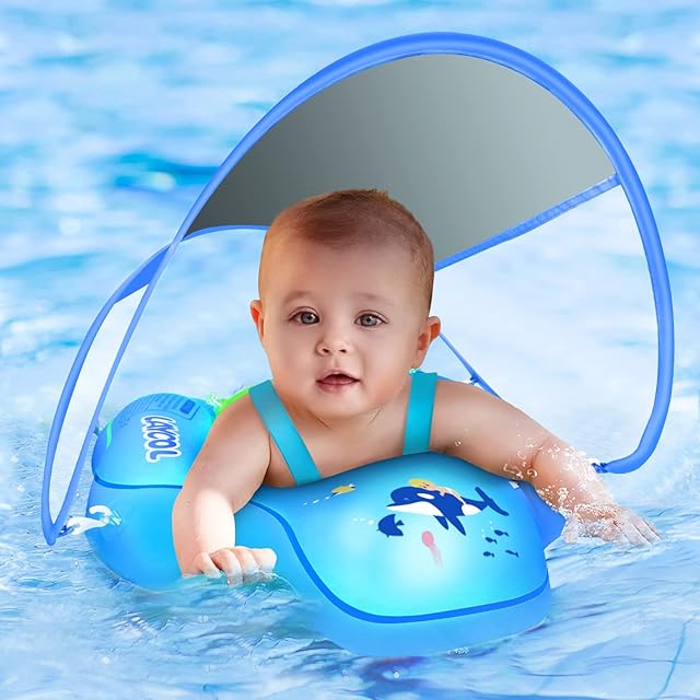LAYCOL Baby Swimming Float Inflatable Baby Pool Float Newest with Sun Protection Canopy, Baby Swim Float for Age of 3-36 Months(Dark Blue,L)