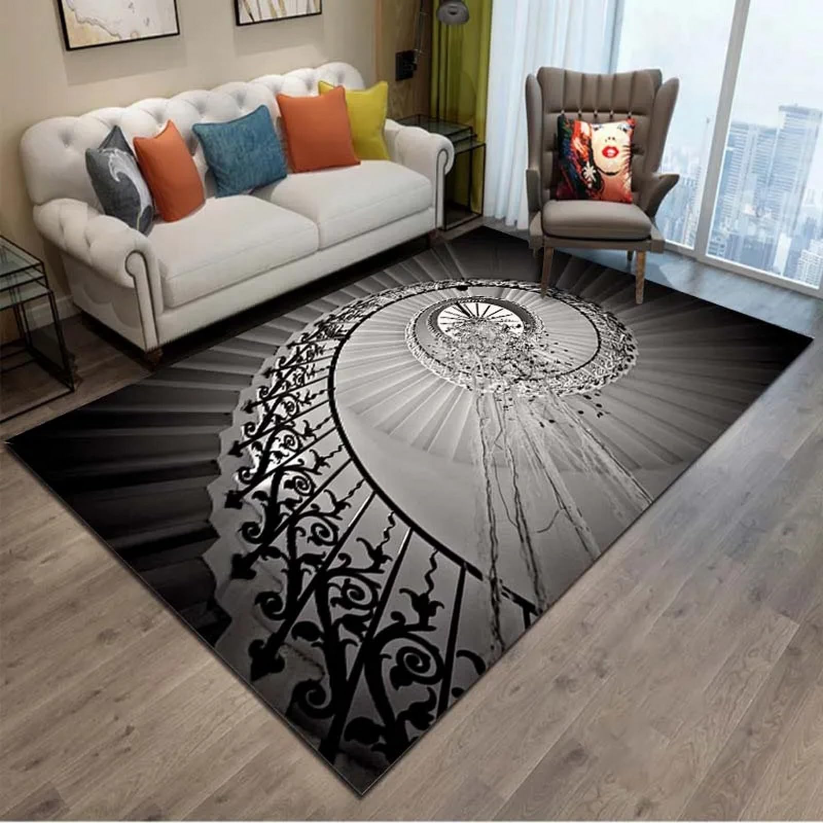 European Retro Illusion Spiral Staircase Landscape Area Rugs 3D Printed Large Carpet Living Room Bedroom Decor Mat Home Non-Slip Floor Polyester Rug 50 X 80 Cm - Polyester Soft Touch Easy Clea-0F7K0Z7