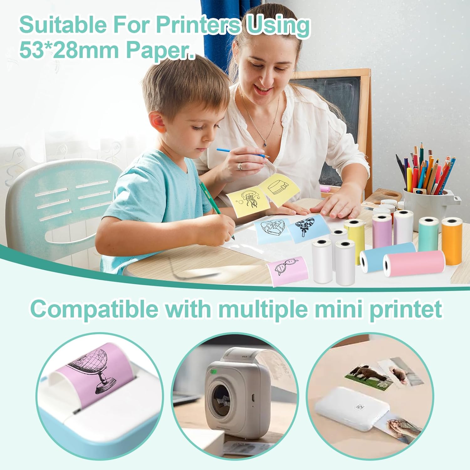 14 Rolls 53mmx28mm Thermal Printer Paper, Mini Colorful Self-adhesive Label Printer Paper Compatible With Phomemo Memoking Mini Printer, Study Notes, Journal Photos(Multicolor)