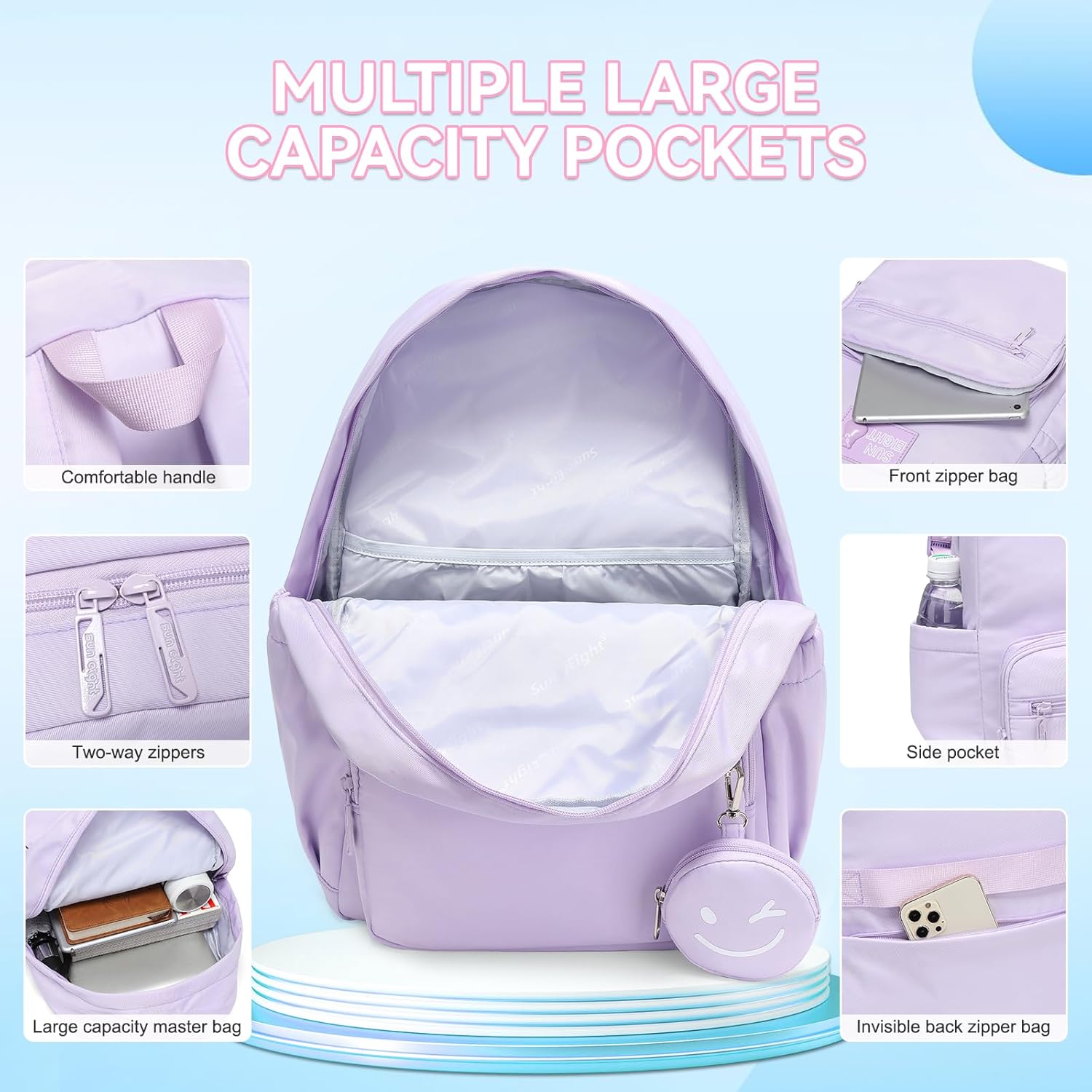 30L Waterproof School Backpack for Girls Ages 6-18,Lightweight Large Capacity Travel Backpack,Stylish Durable Daypack for Teen Girls,Teens & Women-Purple - Image 5