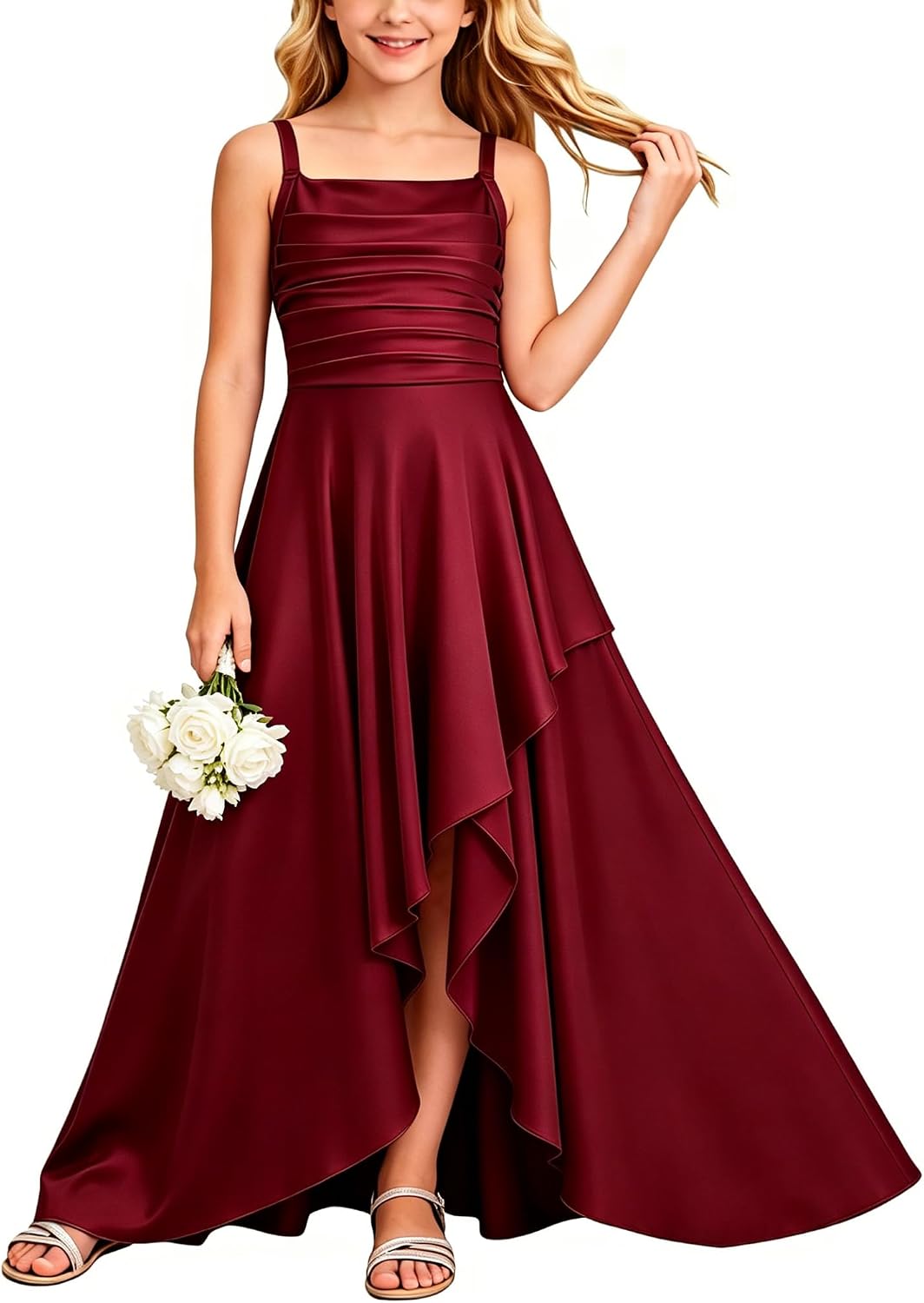 Junior Bridesmaid Dresses Girls Cute Spaghetti Strap Satin Formal Wedding Party Flower Girl Dress Pageant Gown