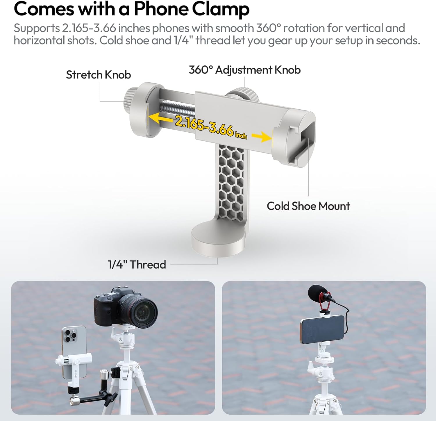 ULANZI Ombra Ⅱ Camera Travel Tripod White, 61.5" Aluminum Tripod Foldable with UKA Quick Release Plate for Phone Sony Canon, Video Shooting Vlogging Portable Stand w Phone Clamp Holder Carry Bag