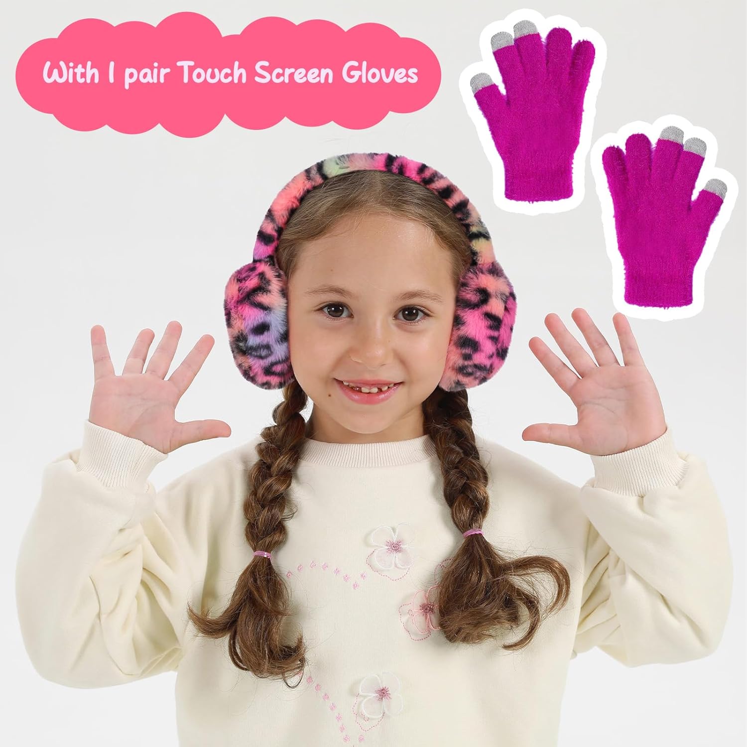 Kids Plush Earmuffs and Gloves Set Girls Boys Winter Faux Fur Ears Muffs Covers Outdoor Ear Warmers Age 7-12 - Image 3