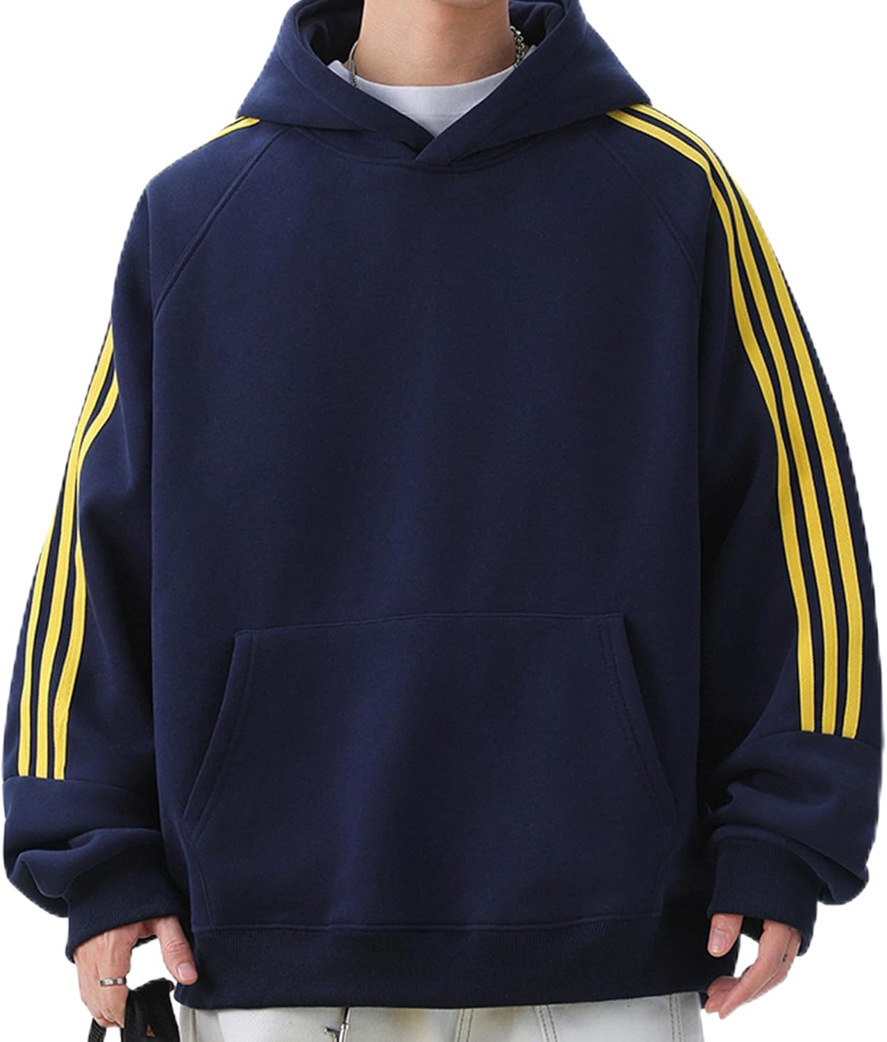 Autumn and winter men's fleece hoodie, men's striped contrast color pullover, men's casual fashion couple style