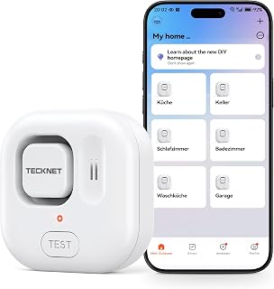 TECKNET 1PC Smart Wassermelder, WLAN Wassersensor mit kostenlosen Batterien, 120dB Einstellbarer Alarm & App-Benachrichtigung, IP67 kompakter Überschwemmungssensor für Küchen, Badezimmer (nur 2.4G)