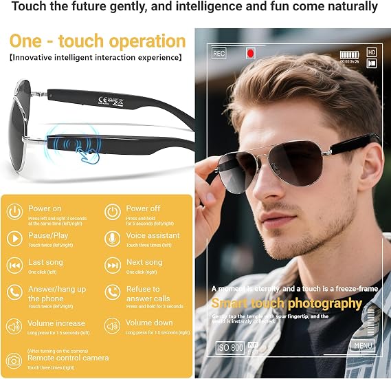LONGLU Smart Glasses, AI Smart Glasses with Hyper MZT App - Real-Time 100+ Language Translation, Touch Photography, UV400 Protection & Bluetooth 5.4 (Brown)