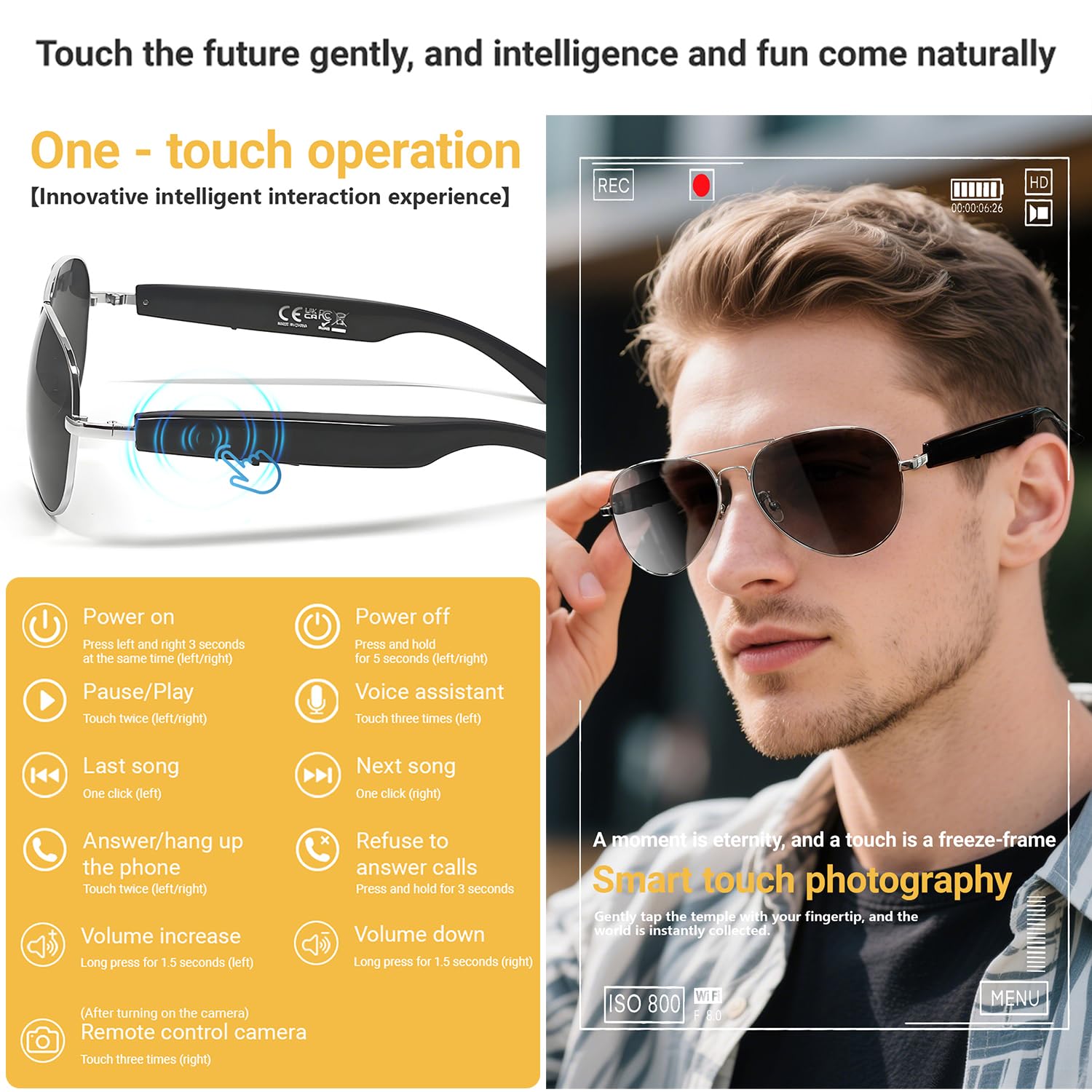 LONGLU Lunettes intelligentes, lunettes intelligentes AI avec application Hyper MZT – Traduction en temps réel de plus de 100 langues, photographie tactile, protection UV400 et Bluetooth 5.4 (marron)