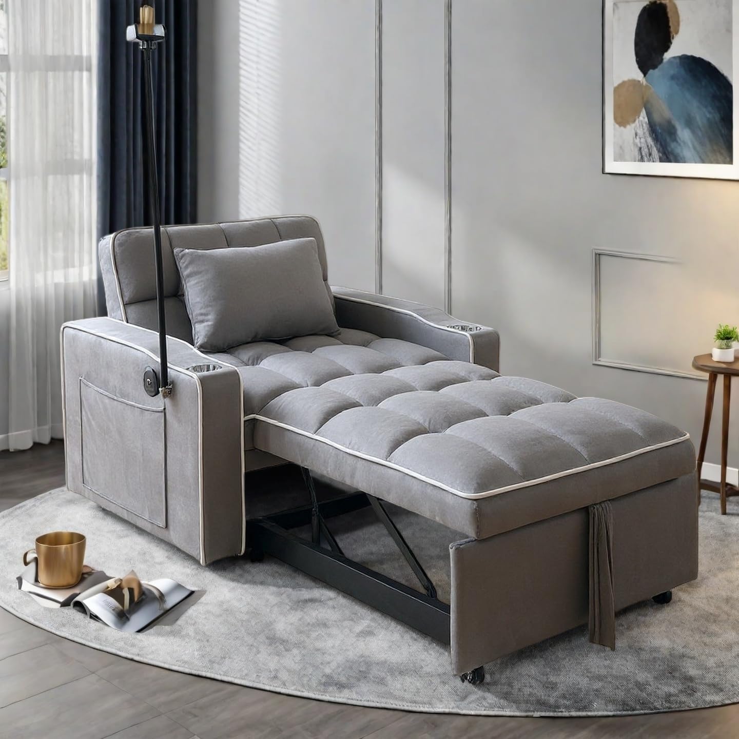 Convertible Sleeper Chair, Pull Out Chair Sleeper with Bracket and Cup Holder, Chairs Bed Sleepers for Adults, 3 in 1 Sofa Bed Chairs for Small Spaces, Living Room, Dark Gray Dark Gray 02