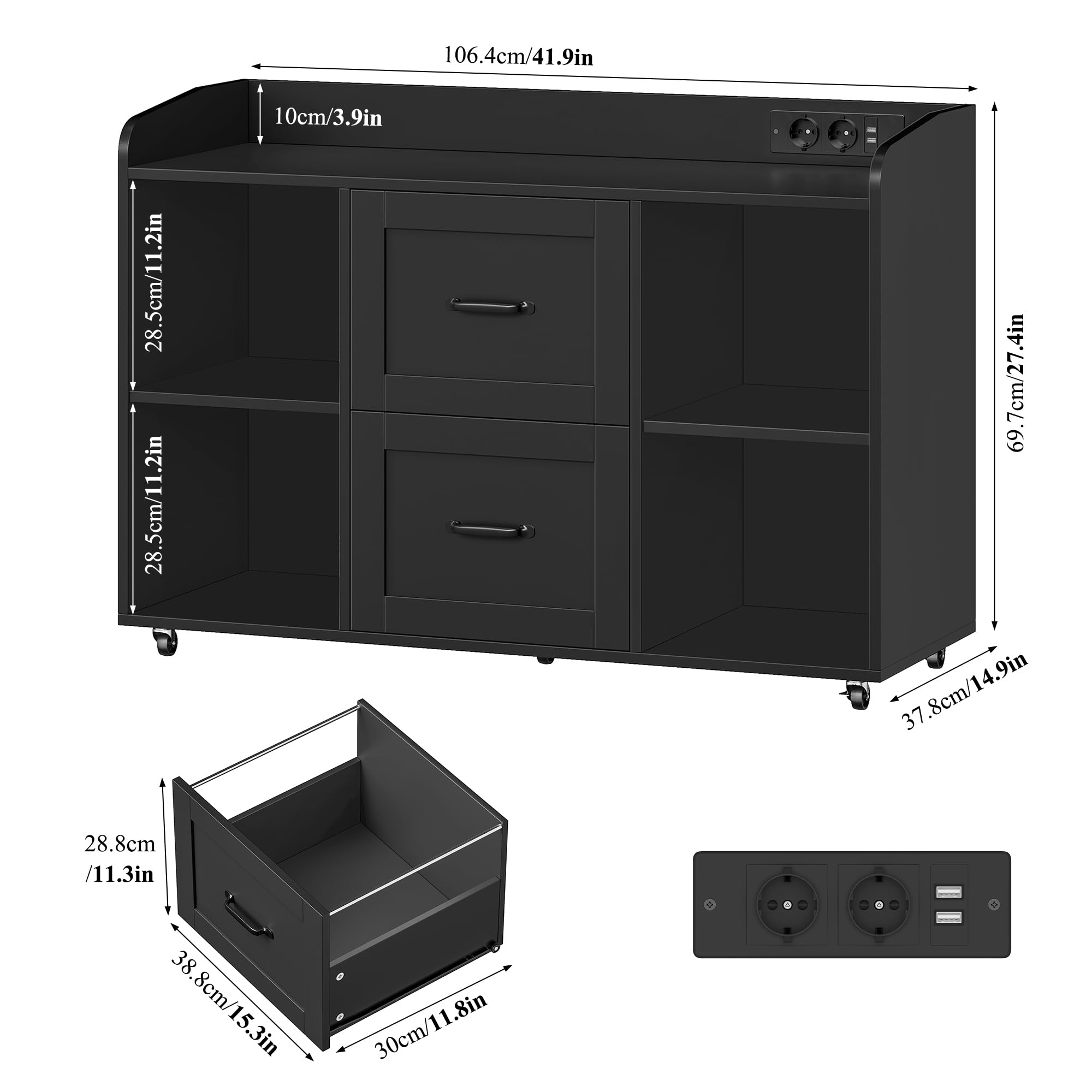 HOCSOK Caisson Bureau, Support d'Imprimante, avec Prises Électriques et 2 Ports USB, Meuble de Rangement à 5 roulettes Mobile, pour Dossiers A4/Letter/Legal, Armoire de Rangement pour Bureau, Ecole