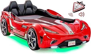 Cilek GTS EV Twin Race Car Bed, Remote Control, LED Lights, EV Sound FX, Vegan Leather Interior, License Plate, Red