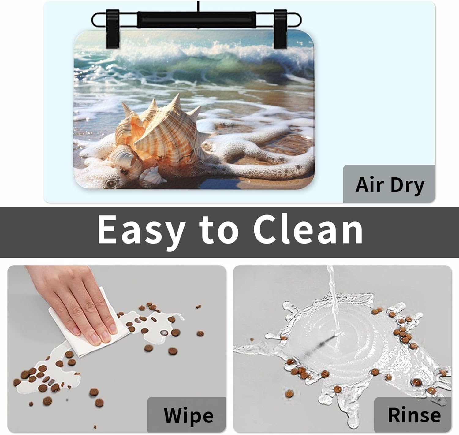 Pet Feeding Mat Absorbent Quick Dry Dog Food Mats Cute Non-Slip Rubber Pet Feeding Rug Ocean Sea Wave Seashell Cat Water Bowl Mats Pet Placemat for Food Water 40x60cm