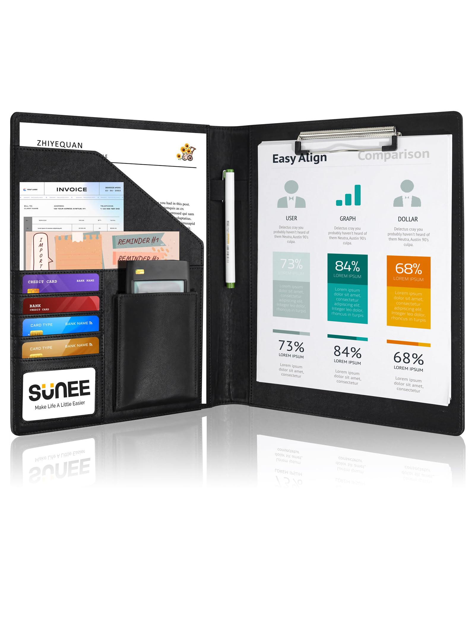 SUNEE Padfolio Folder with Clipboard, Portfolio Organizer for Legal Size, Premium Black PU Leather Portfolio Binder for Document Organizer, Office Supplies or Business Traveling