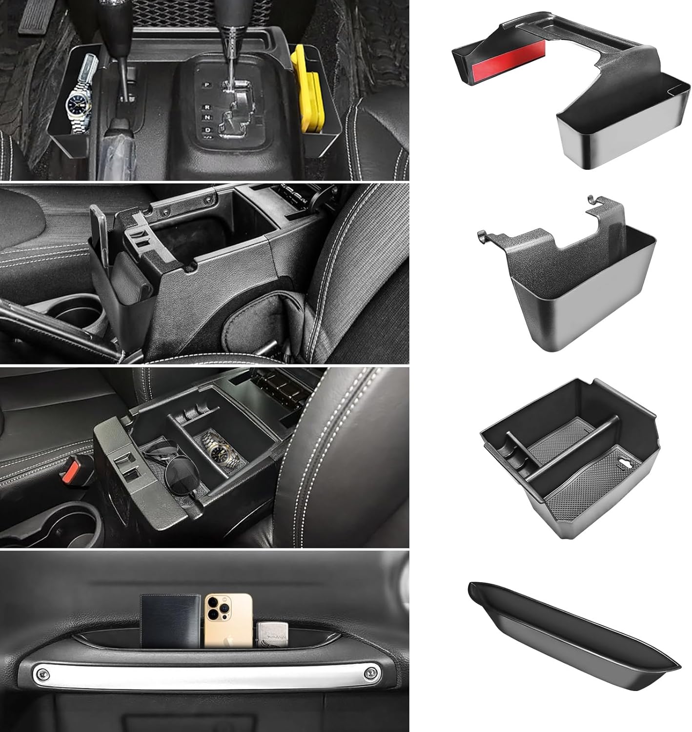 4PCS Center Console Organizers Accessories Compatible for Jeep Wrangler JK/JKU 2011-2018 2017 2016 2015 2014 2013 2012 2/4 Door Middle Armrest Tray Hanging Storage Box Grab Handle Container