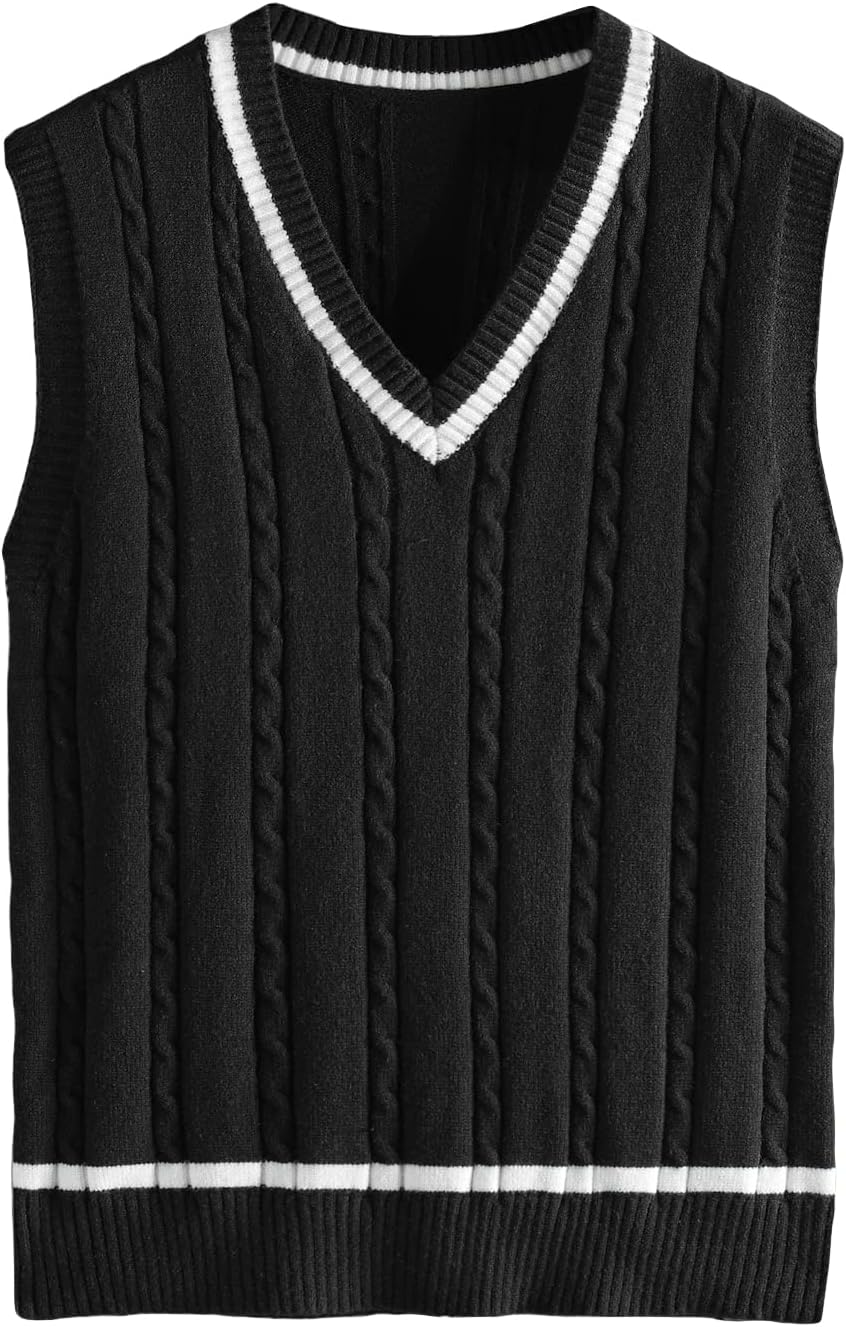 Men's Striped Cable Knit Sleeveless V Neck Sweater Kuwait Ubuy