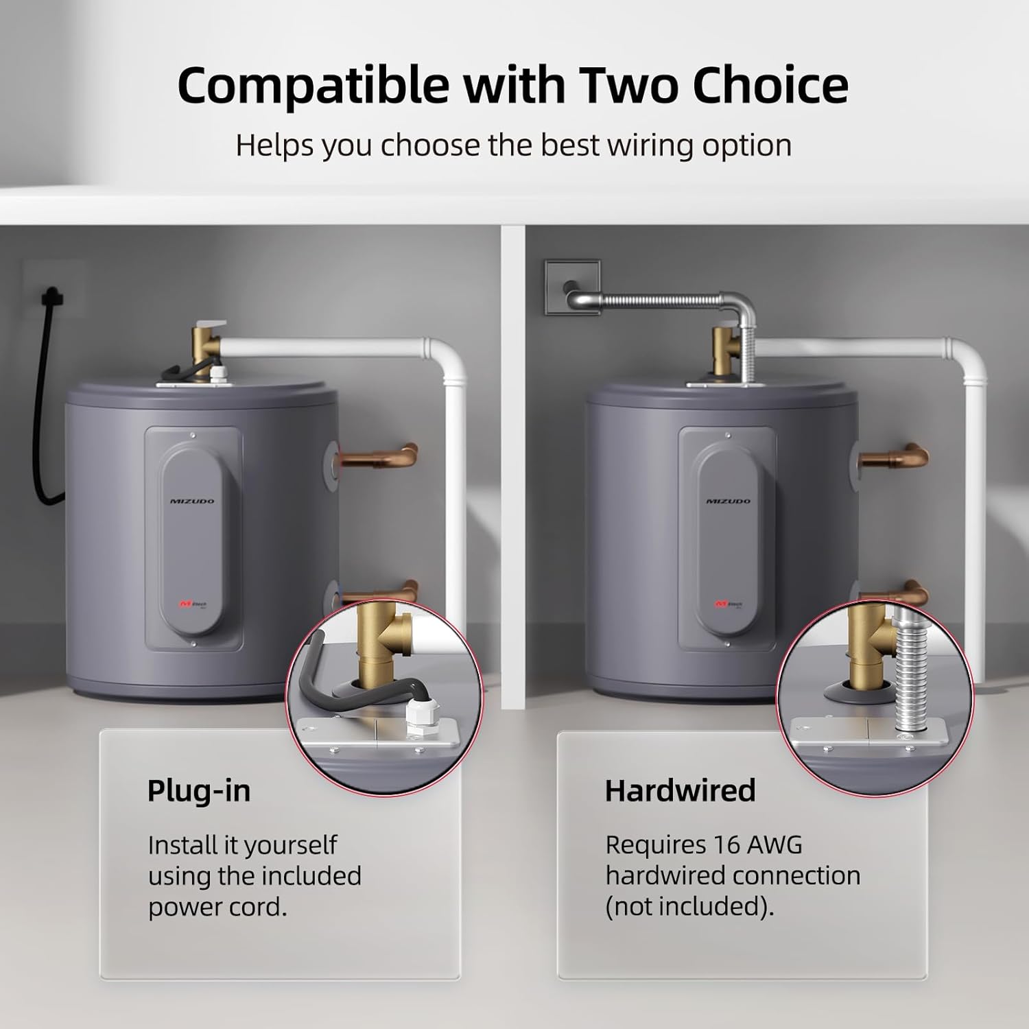 Table showing specifications for MIZUDO water heater models: 6 Gallon, 10 Gallon, and 18 Gallon, including nominal tank capacity, dimensions, amps, wattage, voltage, water connection, and temperature range.