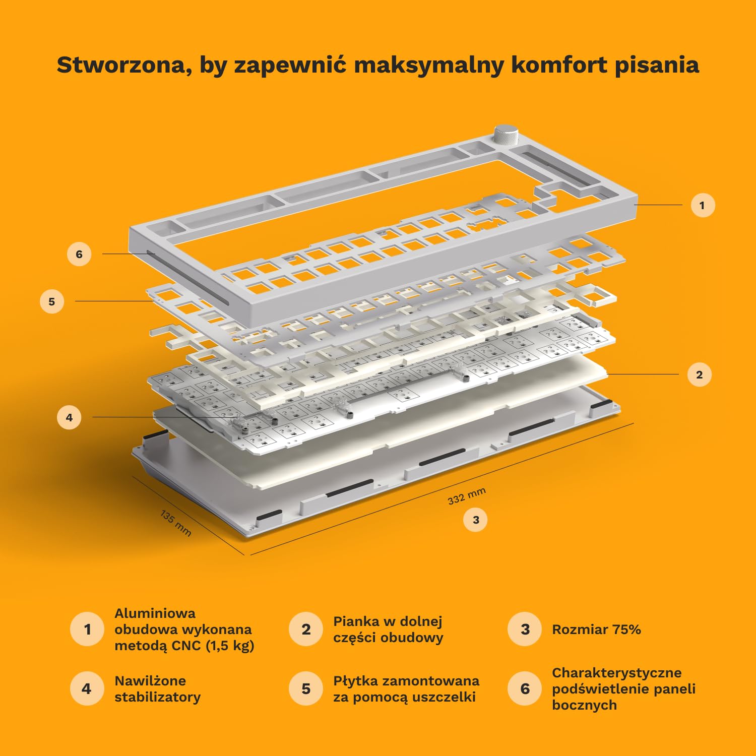 GLORIOUS Gaming GMMK PRO 75% Barebones (tylko obudowa) – modułowa, gamingowa klawiatura mechaniczna, TKL, obudowa 1,5 kg, konfigurowalna, przełączników z 5 bolcami, układ międzynarodowy/ISO - Biały