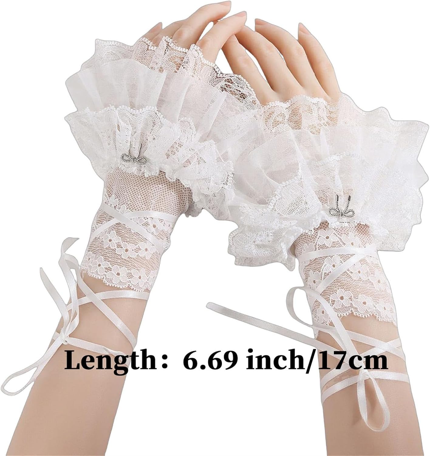 Women Pretty Lace Ruffled Gloves, Sheer Floral Wrist Cuffs
