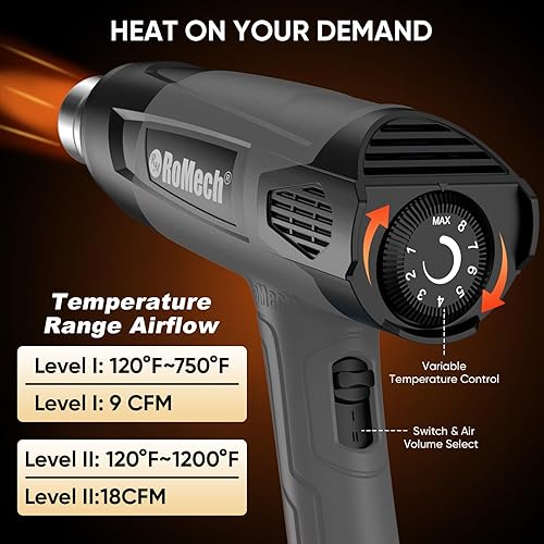 Miniatura 2 de ROMECH Pistola de calor resistente de 1500 W, kit de pistola de aire caliente con control de temperatura variable con 2 caudales de aire de 120 F a