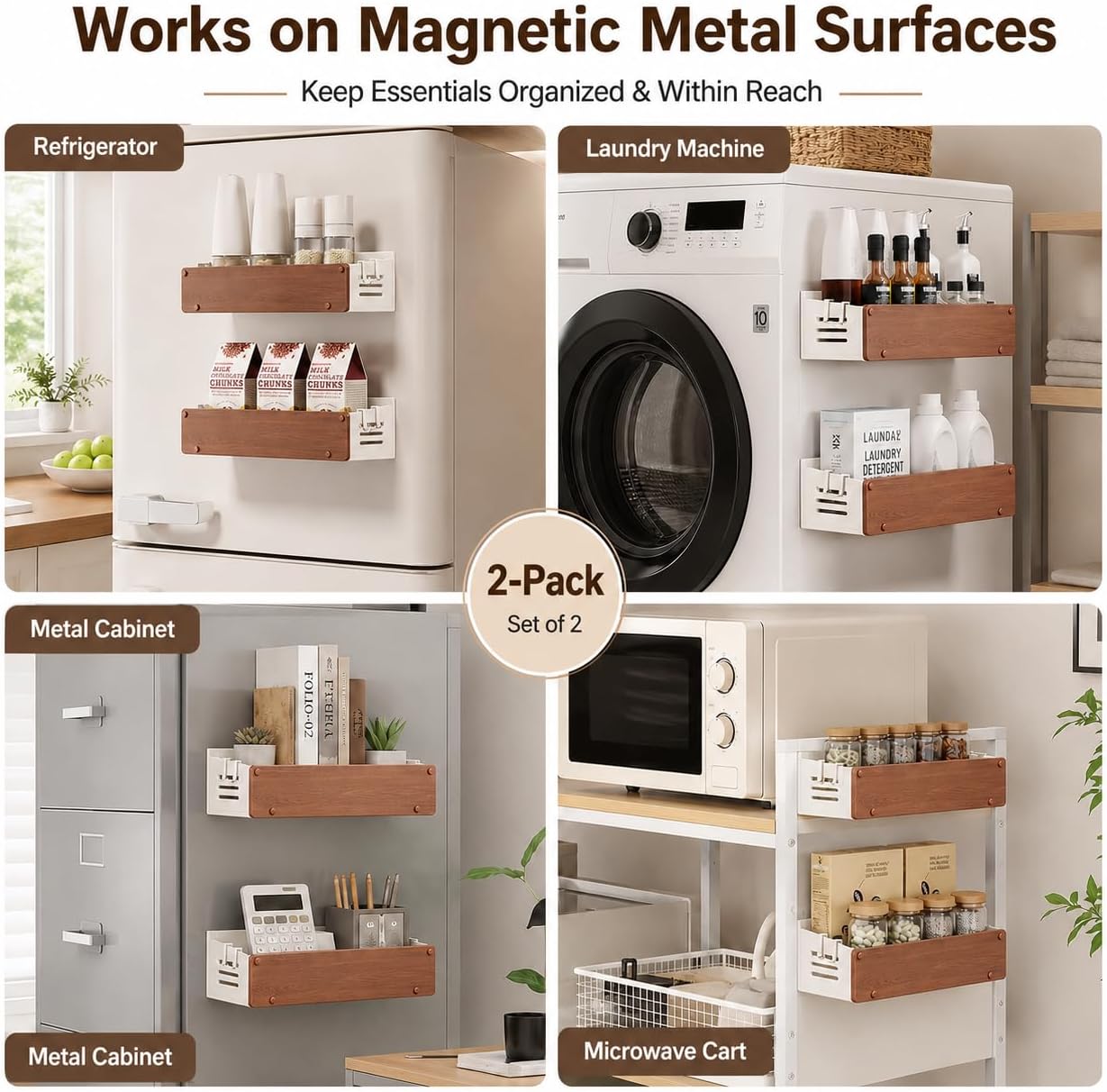 Magnetic Spice Rack for Refrigerator, 2 Pack Magnetic Fridge Organizer Shelf with Walnut-Look Front Panel, No Drill Metal Storage Basket with Side Hooks for Kitchen Spices, White (White)