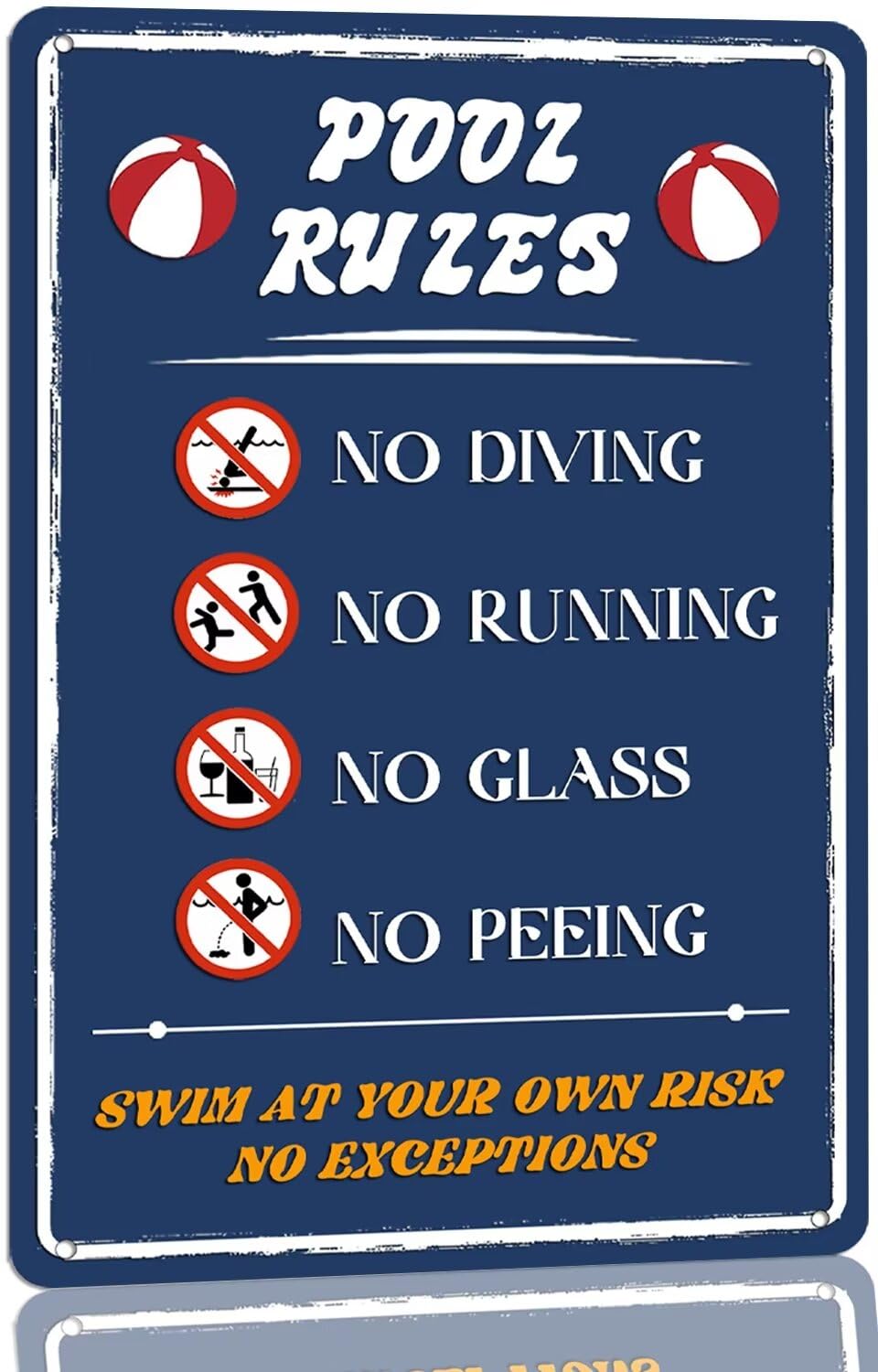 SMAZDFXX Outdoor Pool Rules Metal Tin Sign Swim At Your Own Risk Metal Signs Home Swimming Pool Decor for Garden Backyard Bar Pool Deck Welcome Accessories 12"x16"