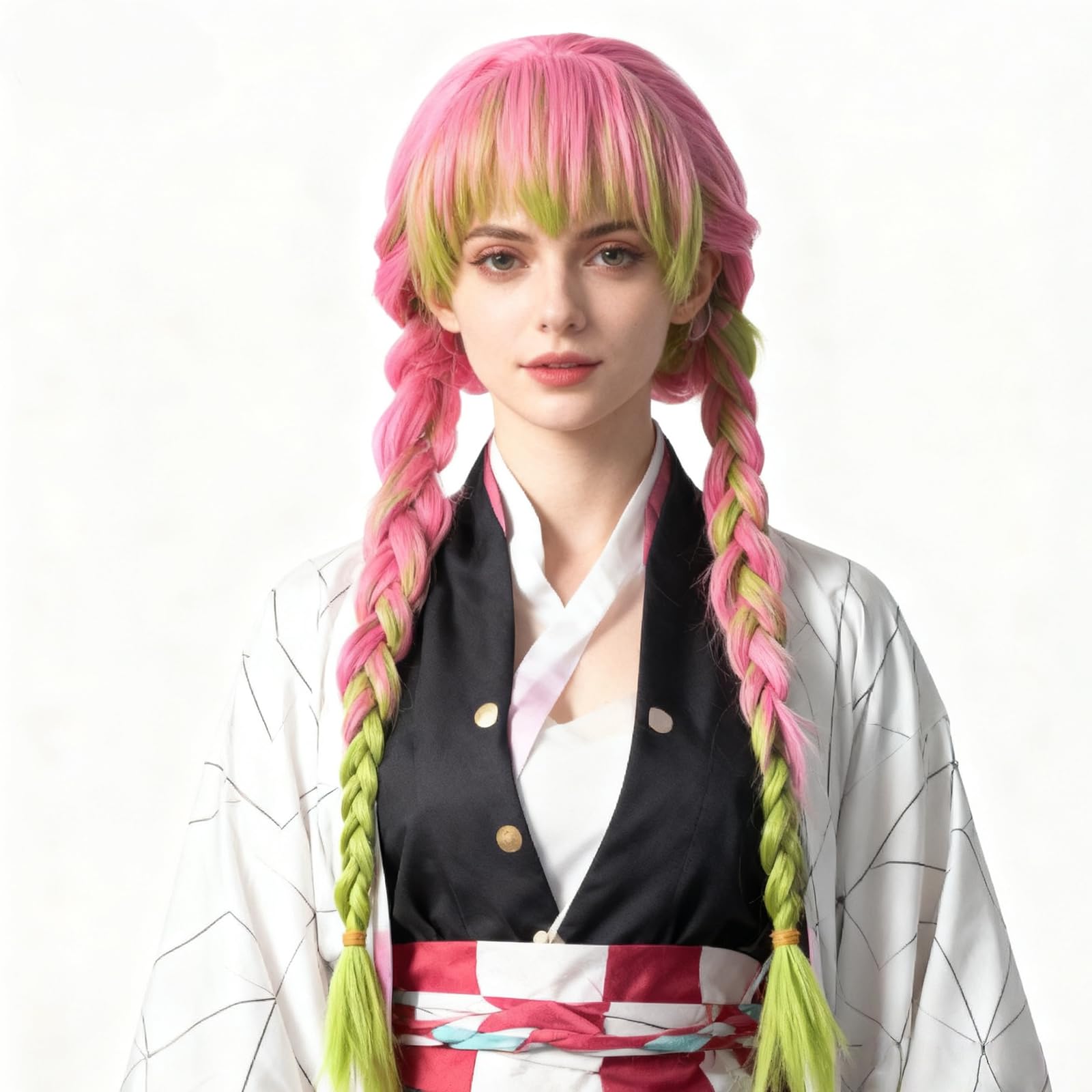 Pink Green Wigs for Women with Wig Cap, Layered Natural Synthetic Wig Costume Gradient Braids Hair Pigtails Anime Cosplay Full Head Wigs for Halloween Christmas Party Carnival - Image 2