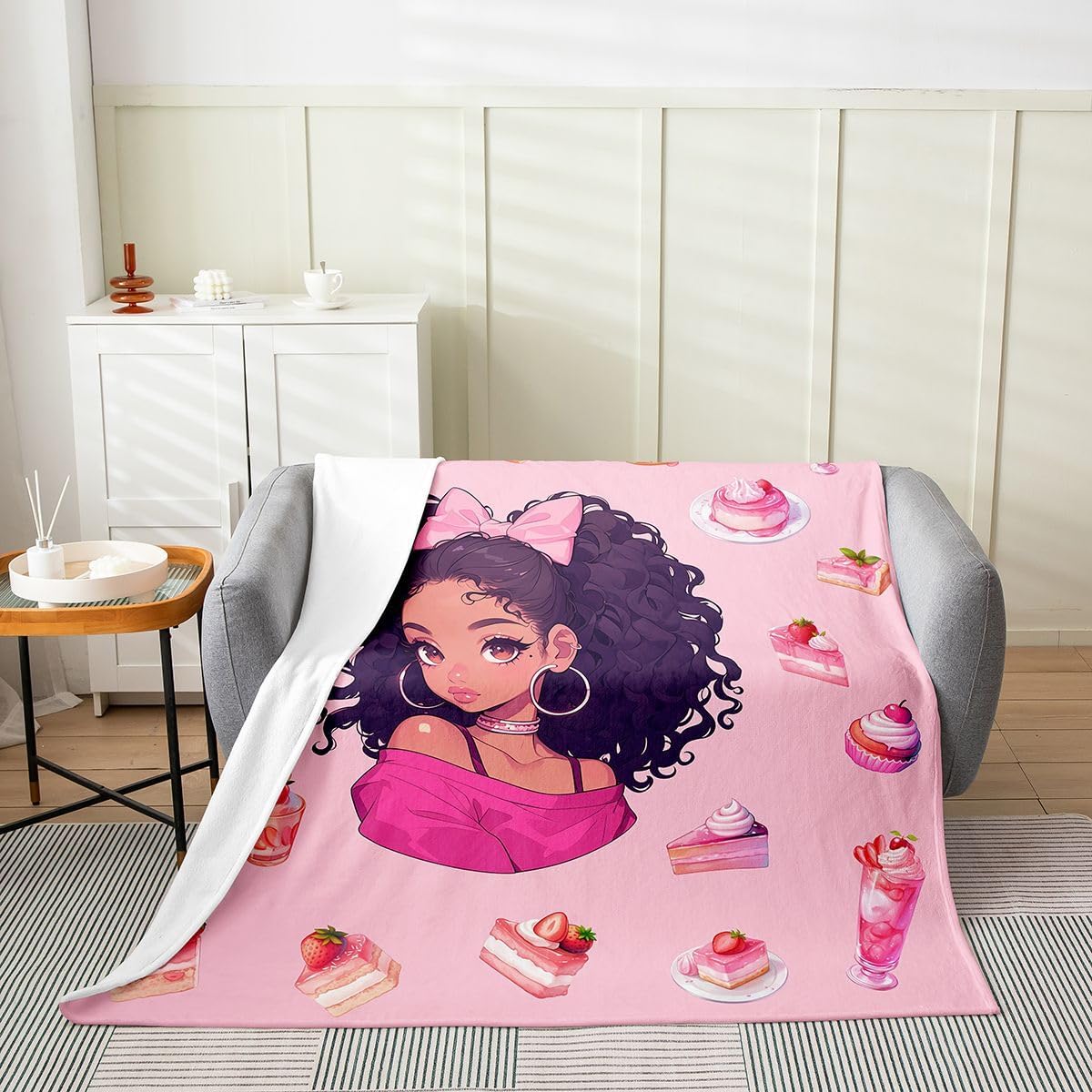 Erosebridal Dessert Flannel Blanket Queen Inch Black Girl Fleece Blanket Ice Cream Cherry Strawberry Cake Donut Fuzzy Plush Throw Cupcakes Dreamy Sweet Theme Living Room Decor