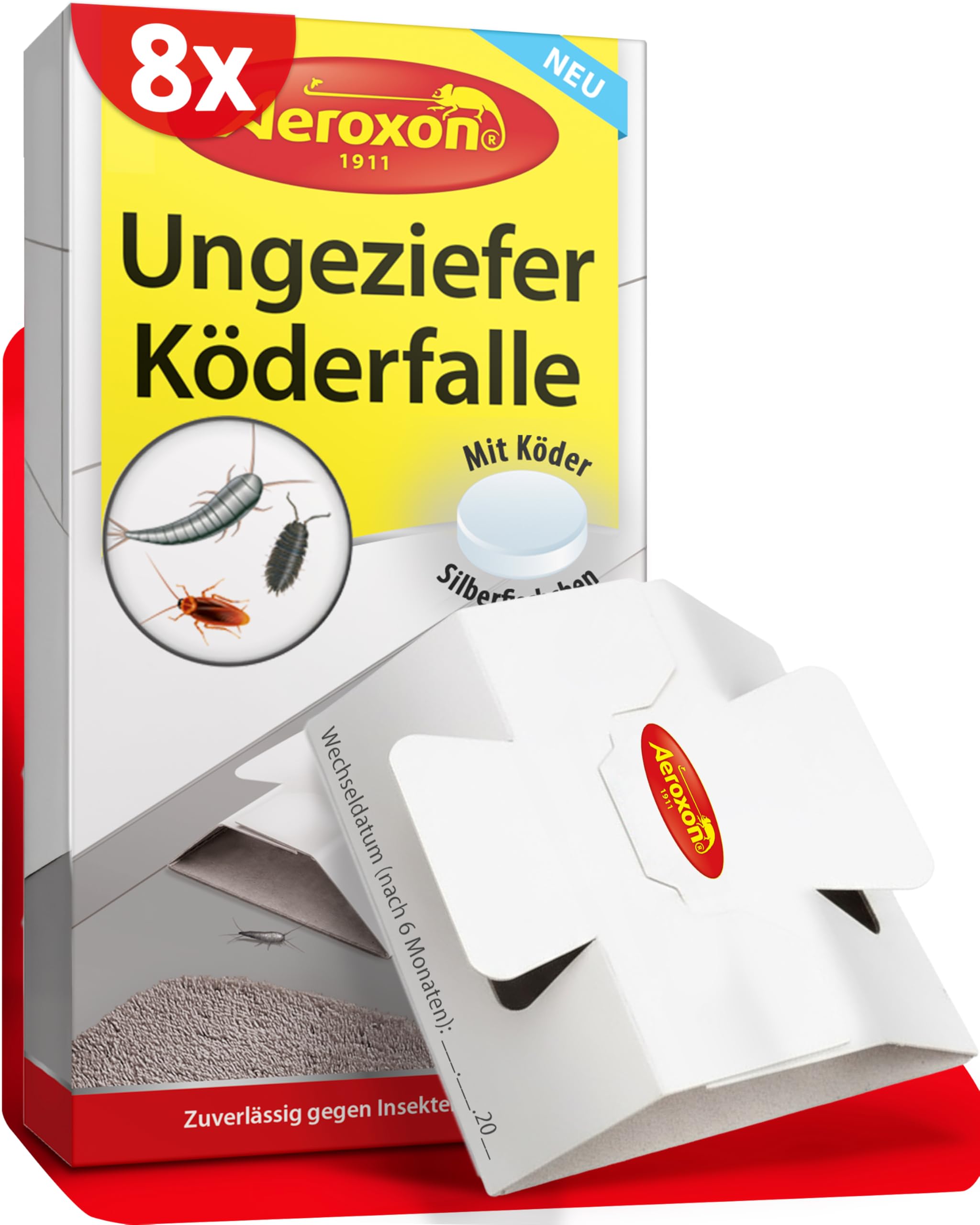 Aeroxon Ungeziefer Köderdose – 8X Ungeziefer Falle/Klebefallen für Silberfischchen, Schaben & Papierfische – Silberfisch Köderdose zur Überwachung kriechender Insekten