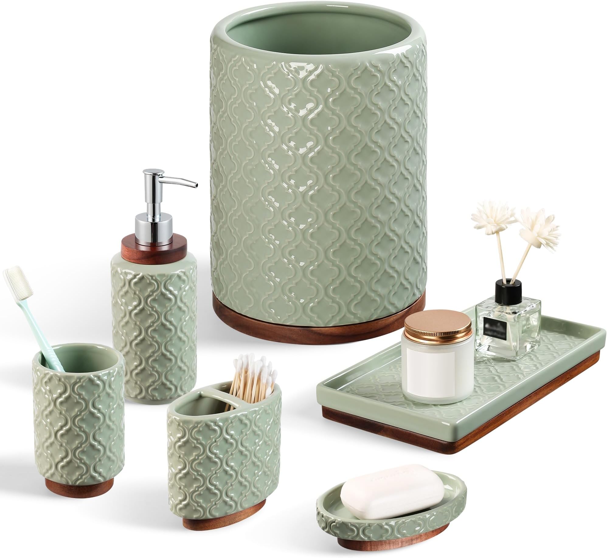 - RQYIXI Elegant 6 PCS Ceramic&Wood Bathroom Accessories Set:Soap Dispenser,Toothbrush Holder,Tumbler,Soap Dish,Tray,Trash Can,Easy to Clean,Quatrefoil Pattern,Green-Affordable Home Luxury