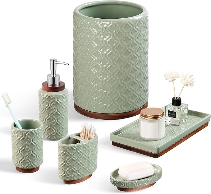 RQYIXI Elegant 4 PCS Ceramic&Wood Bathroom Accessories Set:Soap Dispenser,Toothbrush Holder,Tumbler,Soap Dish,Easy to Clean,Quatrefoil Pattern,Green-Affordable Luxury for Home Decor Enthusiasts