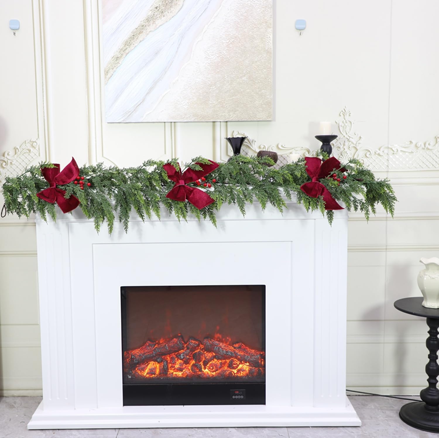 HipTree 6ft Christmas Garland with Lights,Lighted Cedar Garland for Mantle,Prelit Real Touch Artificial Green Christmas Winter Garland with Large Burgundy Velvet Bow for Indoor Outdoor Decor