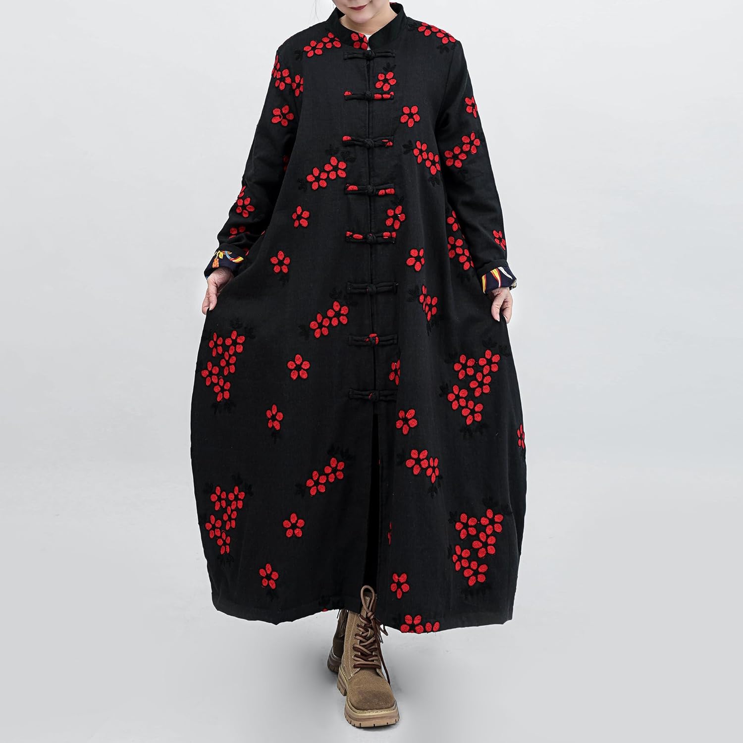 LZJN Women Trench Coat Floral Embroidered Jacket Long Cotton Linen Jacke Cottagecore Clothing Patchwork Outwear