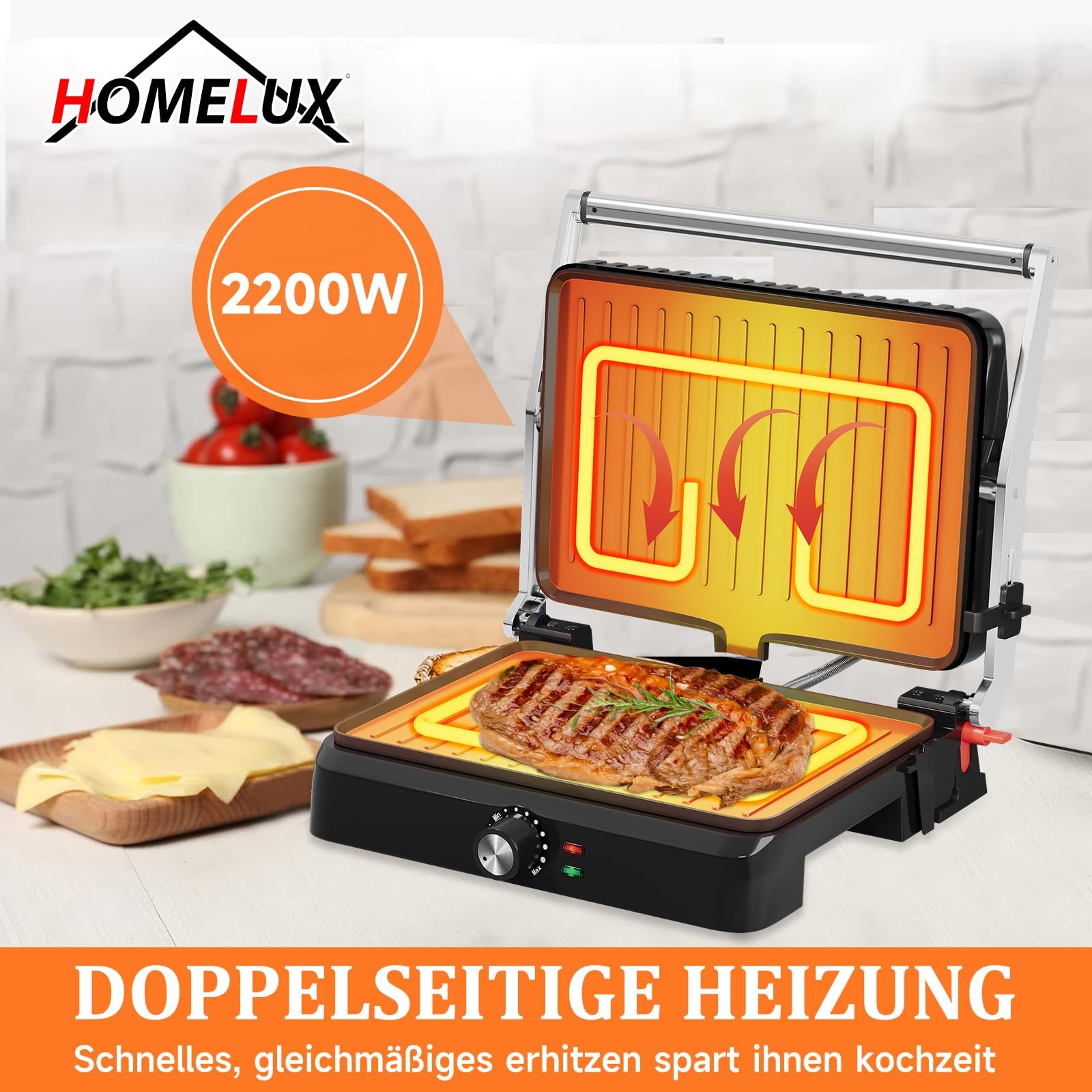 HOMELUX Griglia a contatto 2200 W, sandwich per panini, carne, con piastre antiaderenti 34 x 23 cm, raschietto per pulizia, apertura a 180°, temperatura regolabile, vassoio raccoglitore
