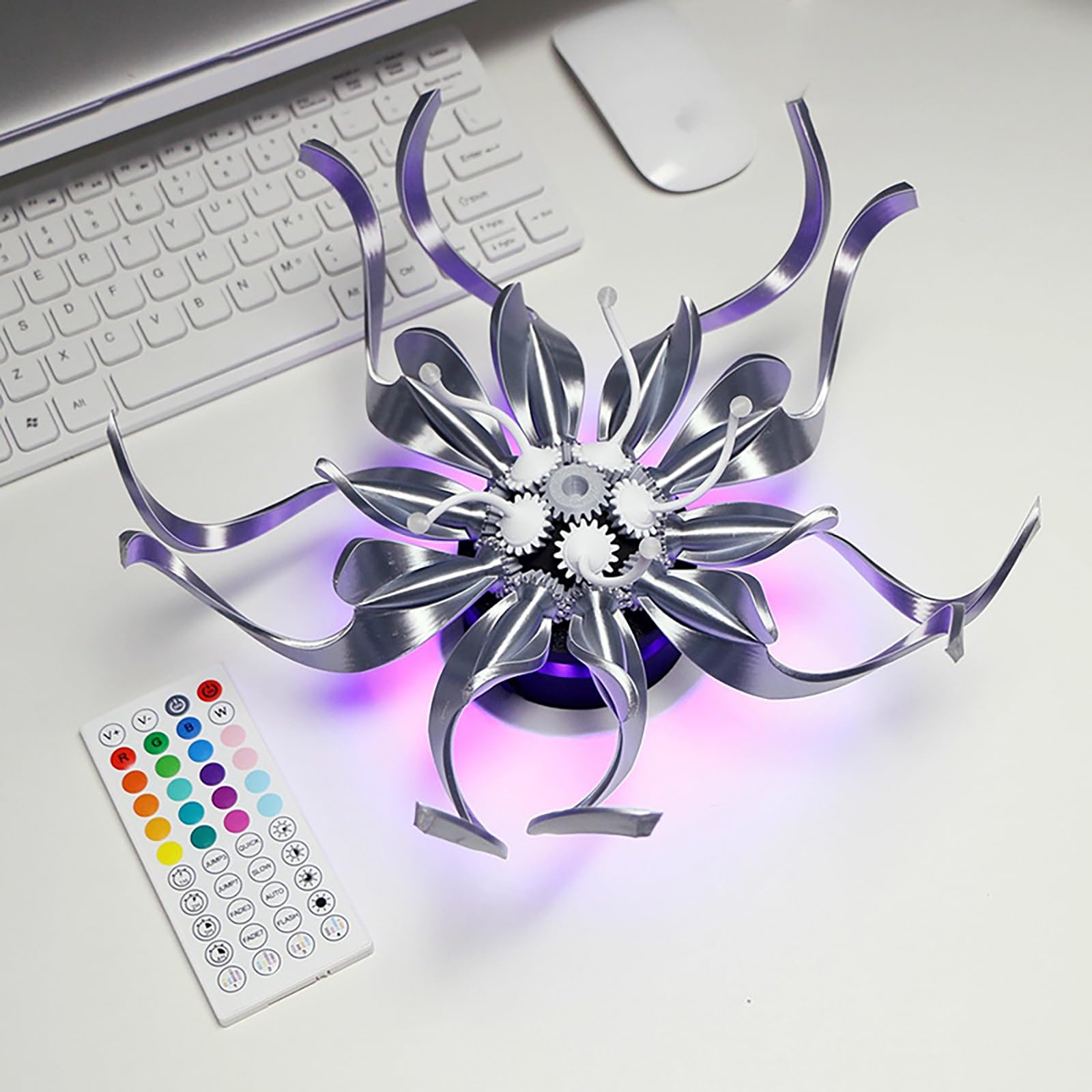 Mechaniczna ozdoba kwiatowa, rzeźba sprzętu biurkowego, z oświetleniem RGB z pilotem, odpowiednia do montażu na ścianie, idealna na biurka, pokoje gier i kolekcjonerów