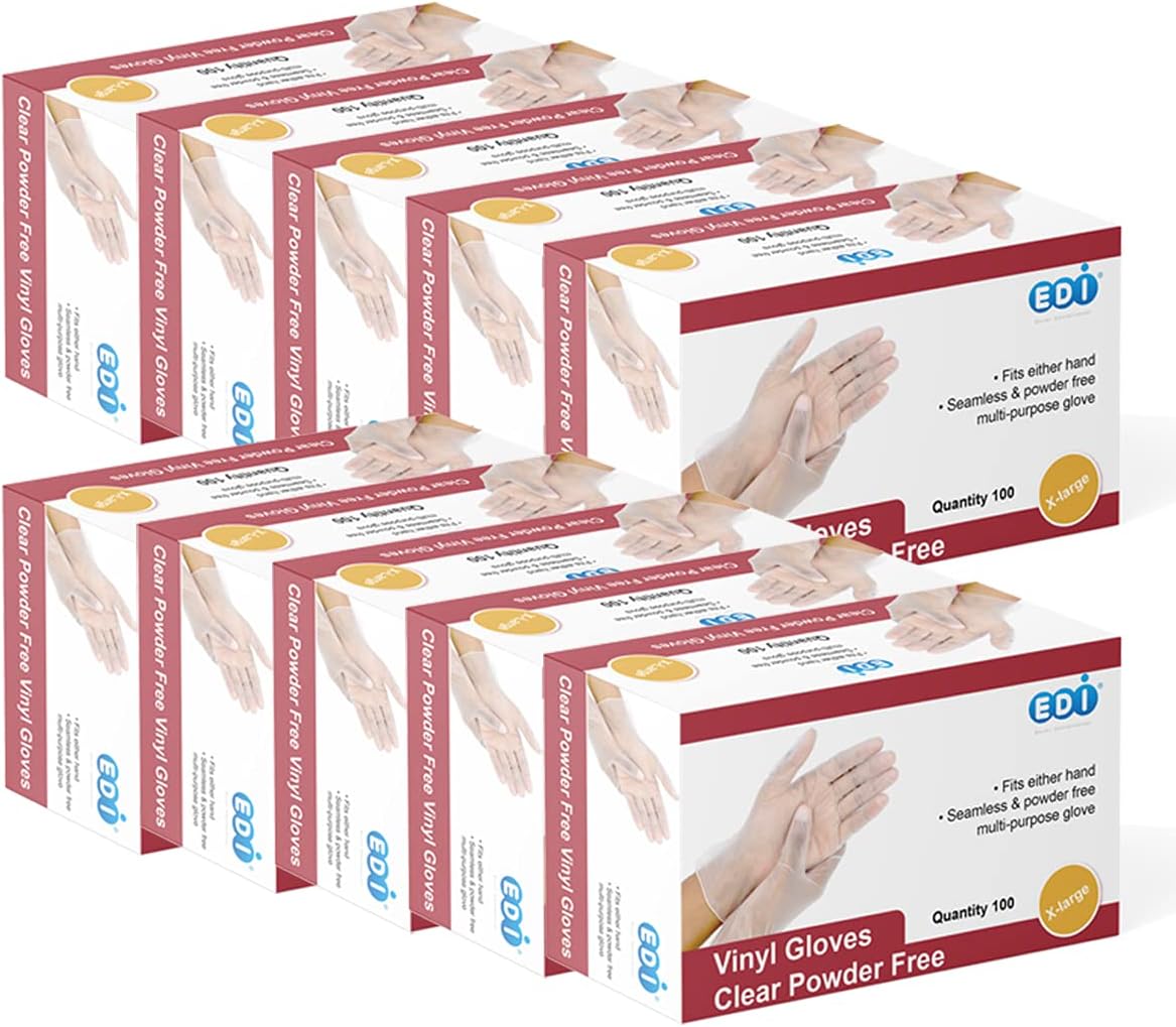 EDI Clear Powder Free Vinyl Glove,Disposable glove,Industrial Glove,Clear, Latex Free and Allergy Free, Plastic, Work, Food Service, Cleaning,100 gloves per box (1000, Extra Large)