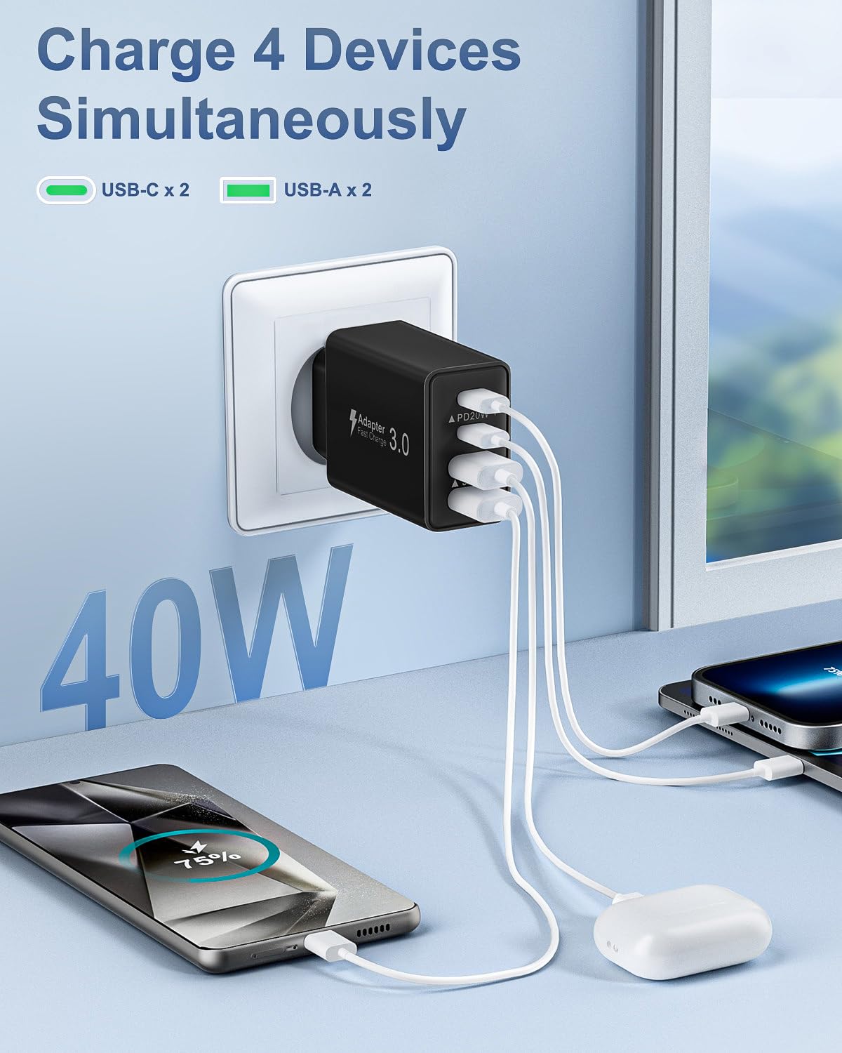 2-Pack Caricatore USB C Presa, 40W 4-Porto Multiplo USBC Caricabatterie Rapido Spina Alimentatore per iPhone 17 16 15 14 13 12 11 Pro Max,Samsung, iPad, Multipla Spinotto QC & PD Adattatore Carica