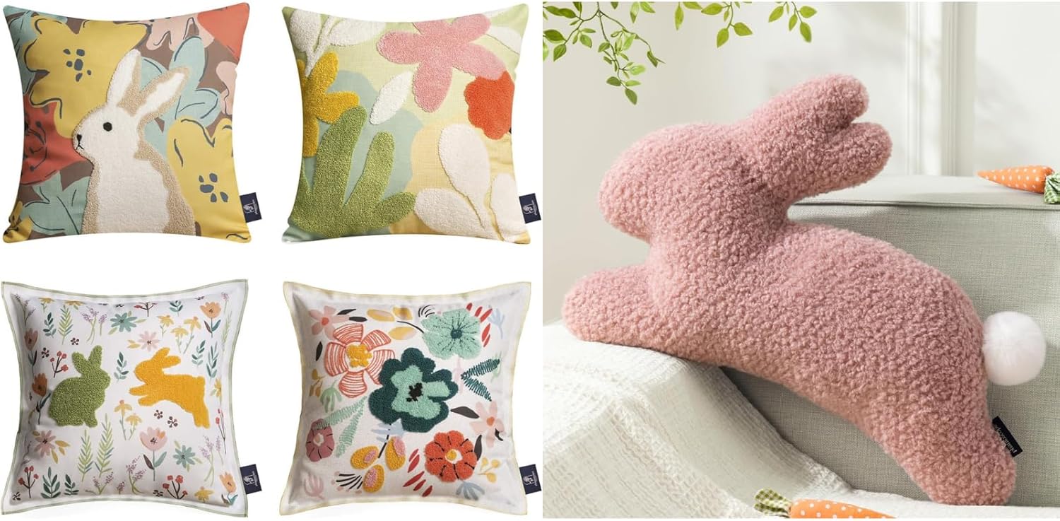 Phantoscope Easter Throw Pillow Cover x4 & Easter Bunny Shaped Pillow, 14.5 x 21.5'' Pink, Beige, Green, Orange Floral Pattern, Living Room, Bedroom
