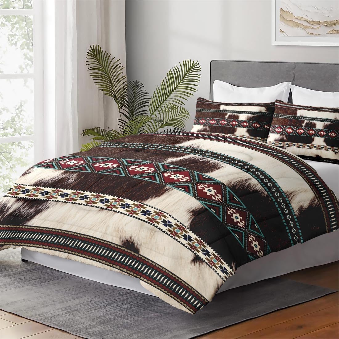 Queen Size Comforter Set with 2 Pillowcases, Cowhide Cow Print 3 Pcs Bedding for Kids and Adults, Vintage Animal Fur Soft Comforter Set for Bedroom Bed Decor - Image 4
